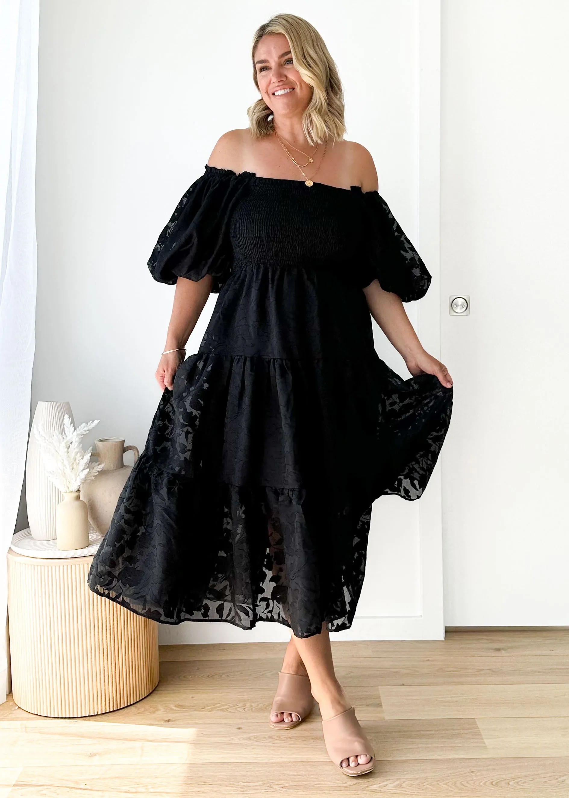 Irma Off Shoulder Midi Dress - Black sold by Gingham & Heels product image thumbnail 4