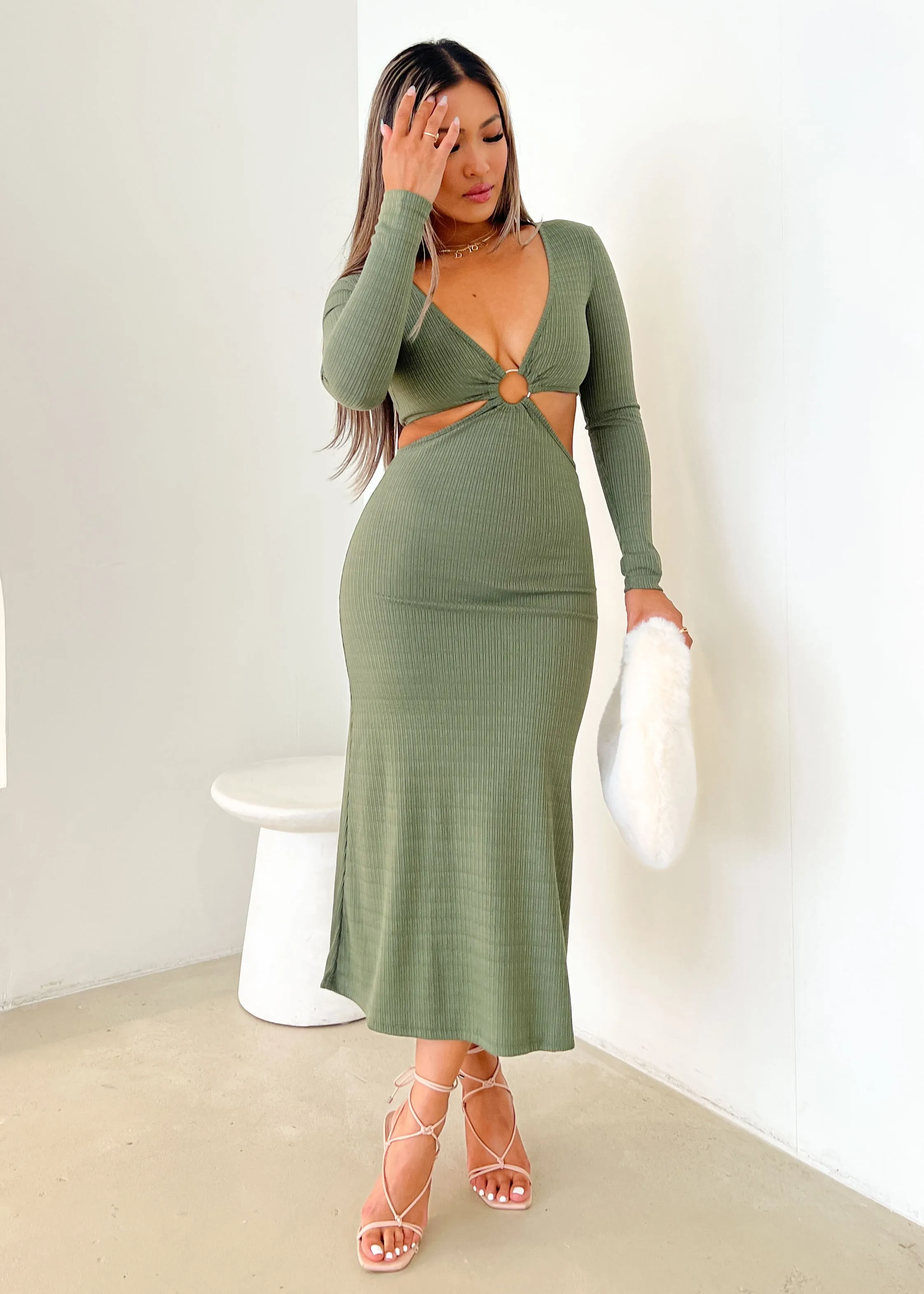 Overdrive Cut Out Knit Midi Dress - Khaki sold by Gingham & Heels product image thumbnail 3