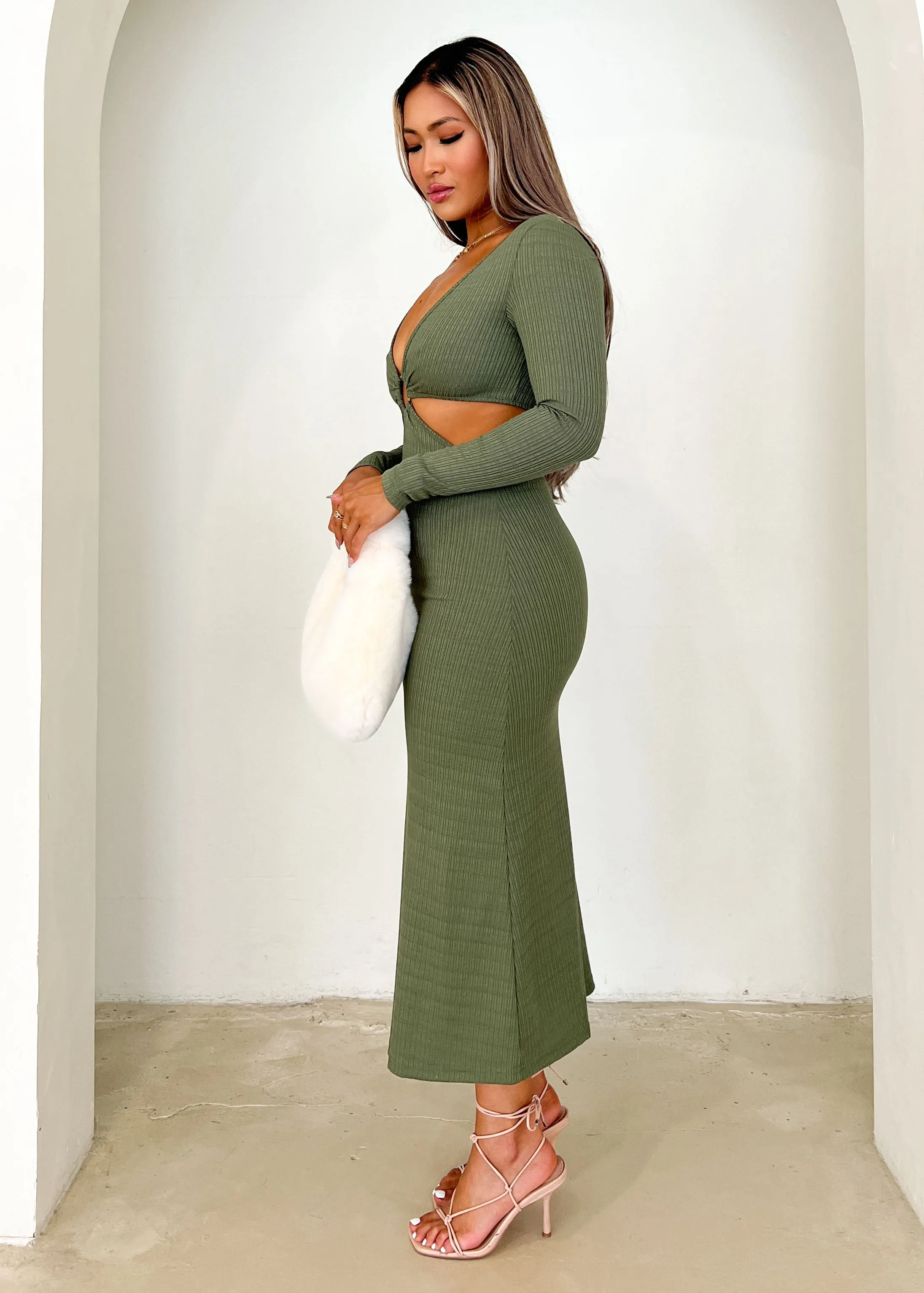 Overdrive Cut Out Knit Midi Dress - Khaki sold by Gingham & Heels product image thumbnail 4