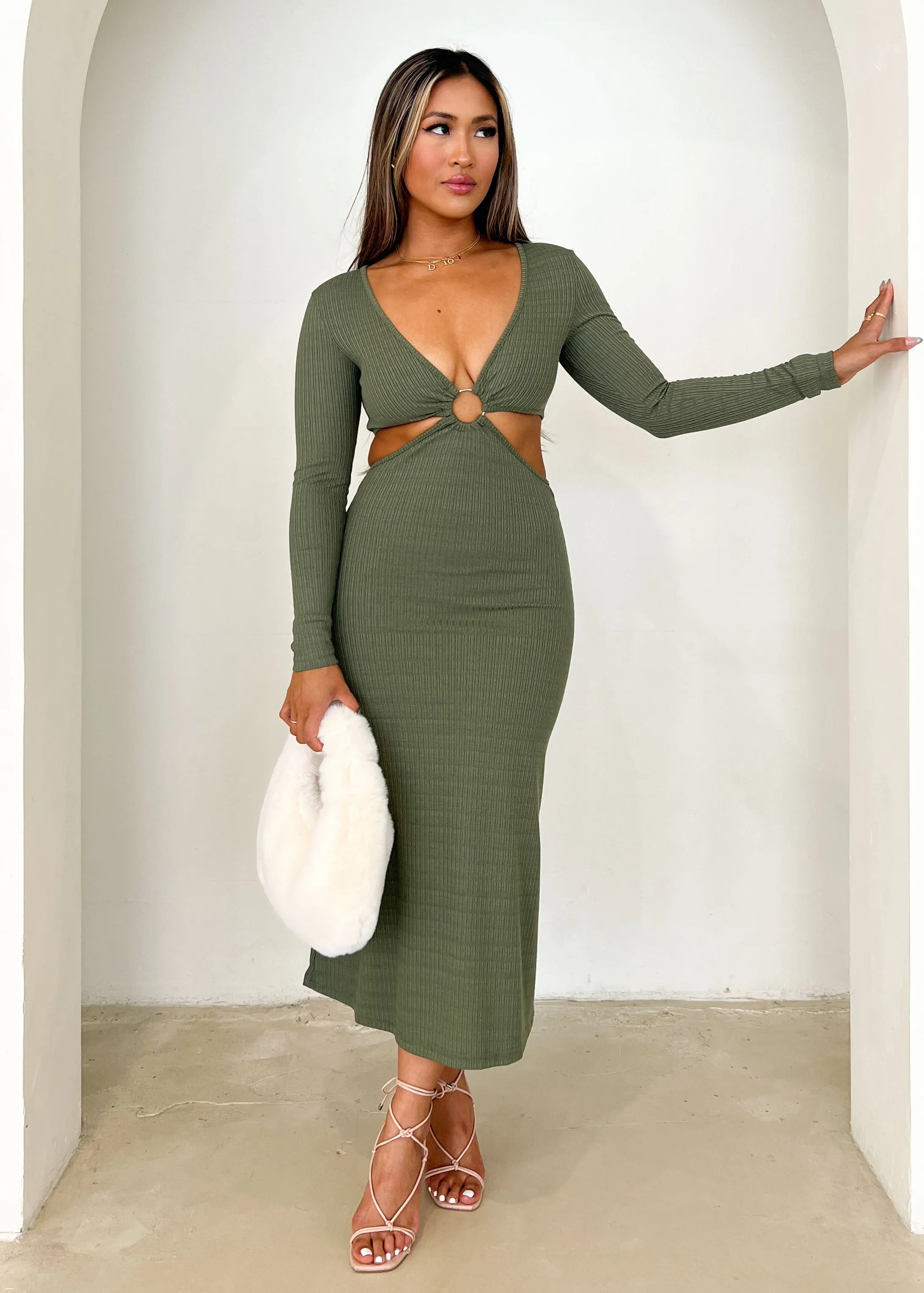 Overdrive Cut Out Knit Midi Dress - Khaki sold by Gingham & Heels product image thumbnail 2