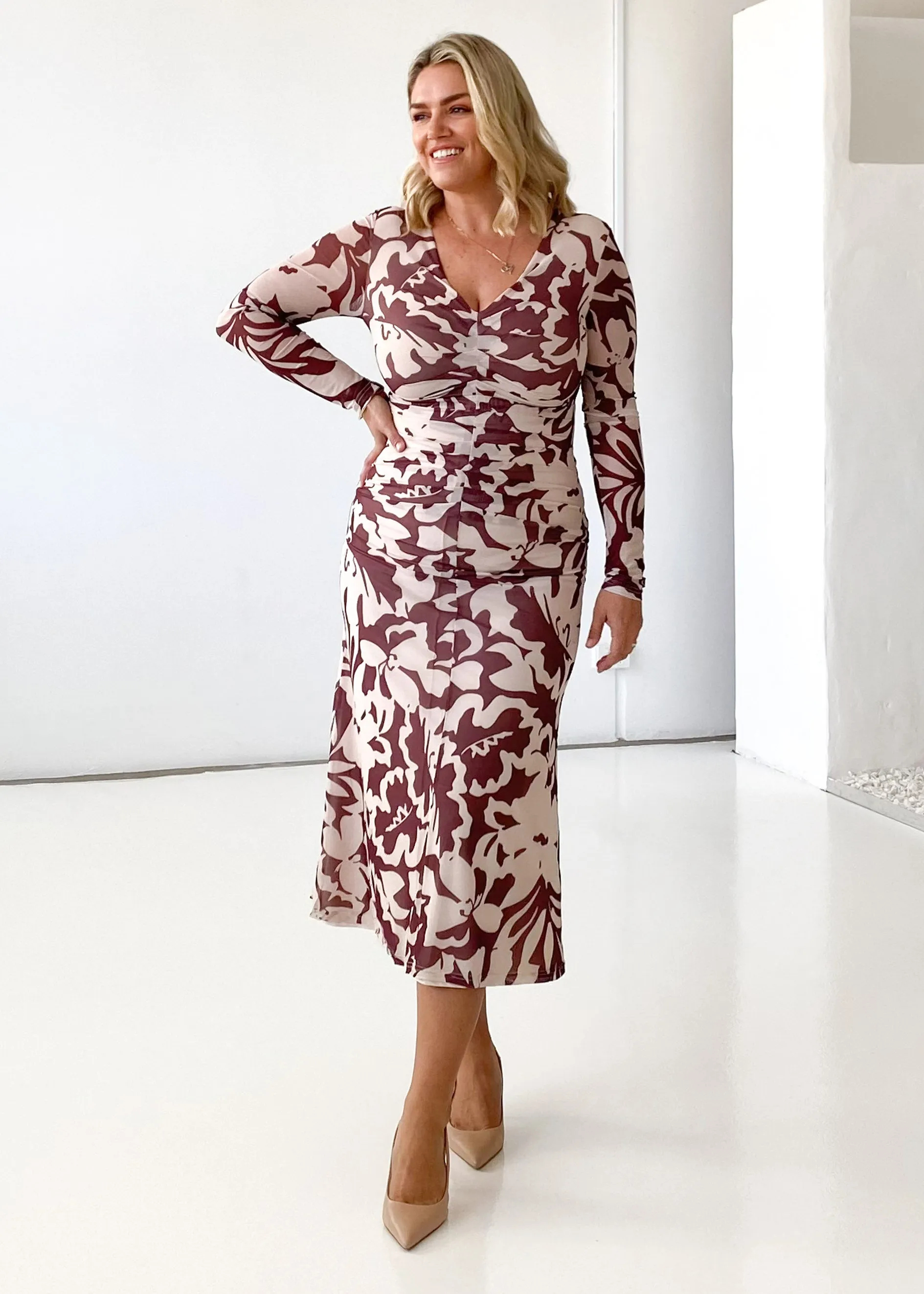 Aulia Mesh Midi Dress - Choc Flowers sold by Gingham & Heels product image thumbnail 4