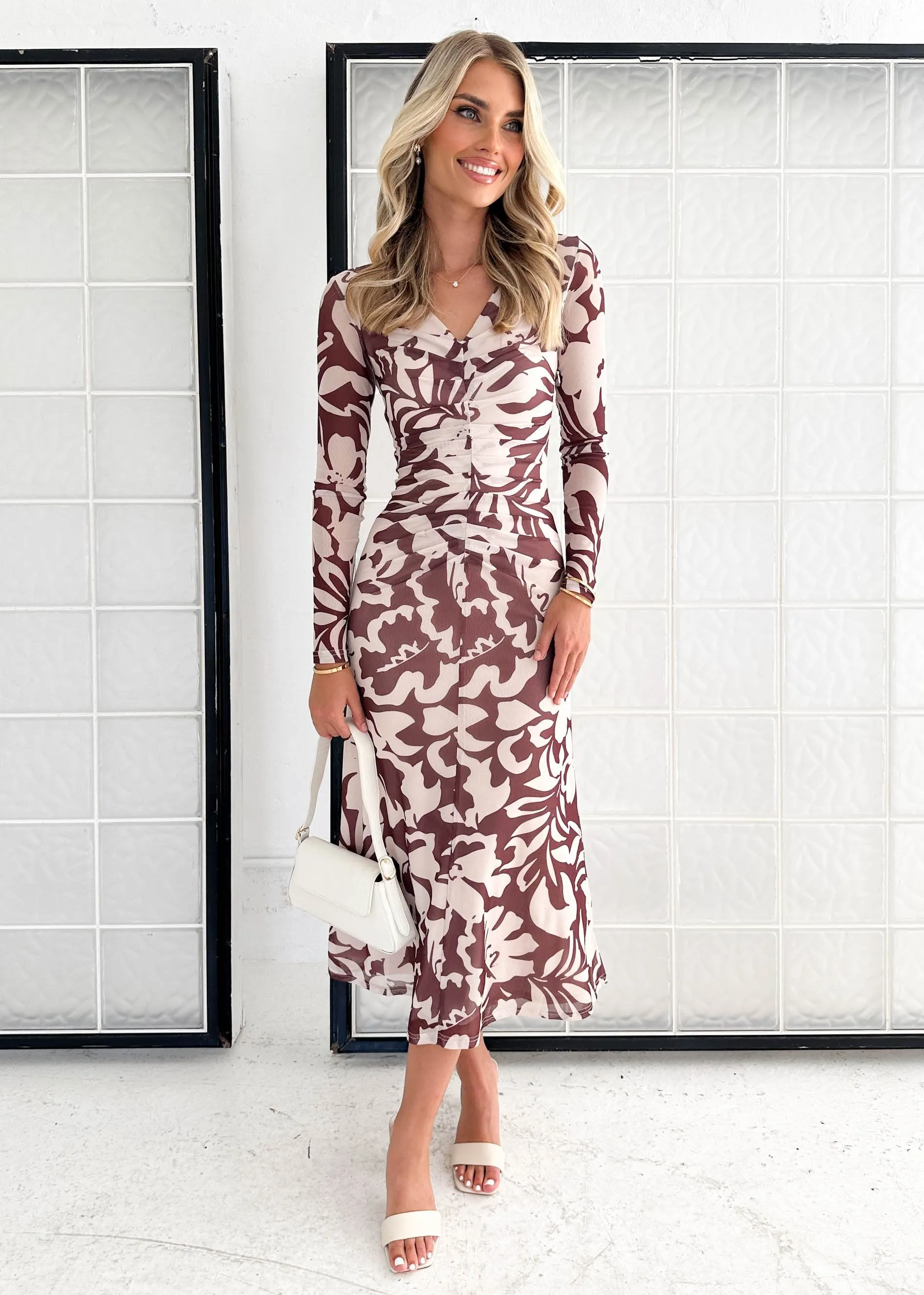 Aulia Mesh Midi Dress - Choc Flowers sold by Gingham & Heels product image thumbnail 3