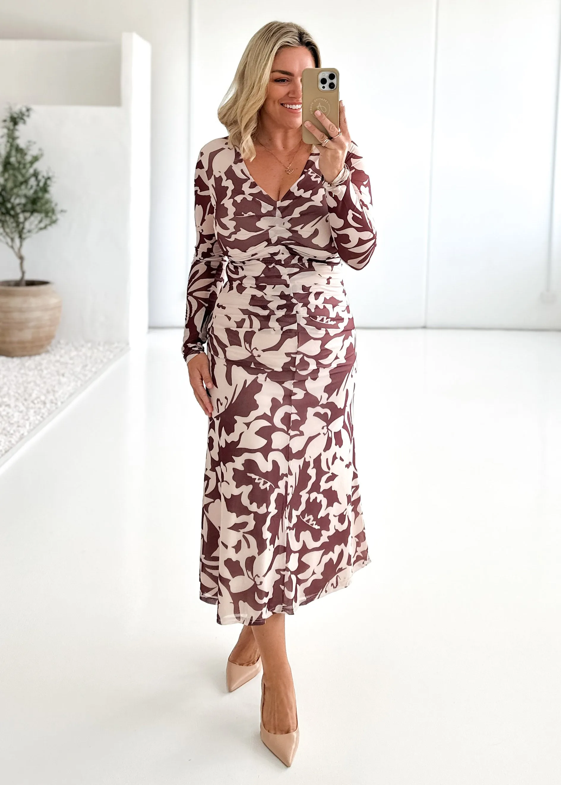 Aulia Mesh Midi Dress - Choc Flowers sold by Gingham & Heels product image thumbnail 2