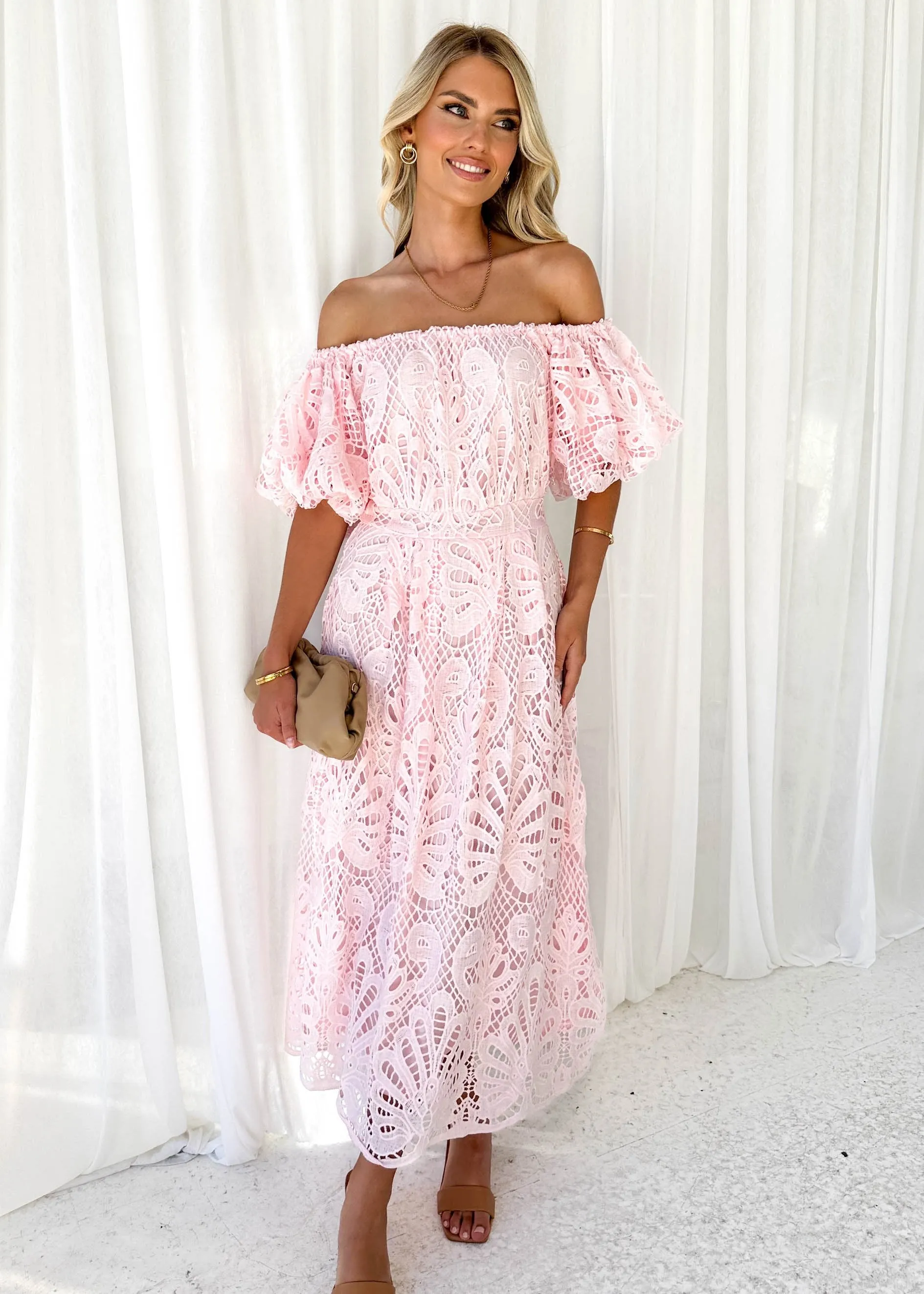 Olanah Off Shoulder Midi Dress - Pink sold by Gingham & Heels