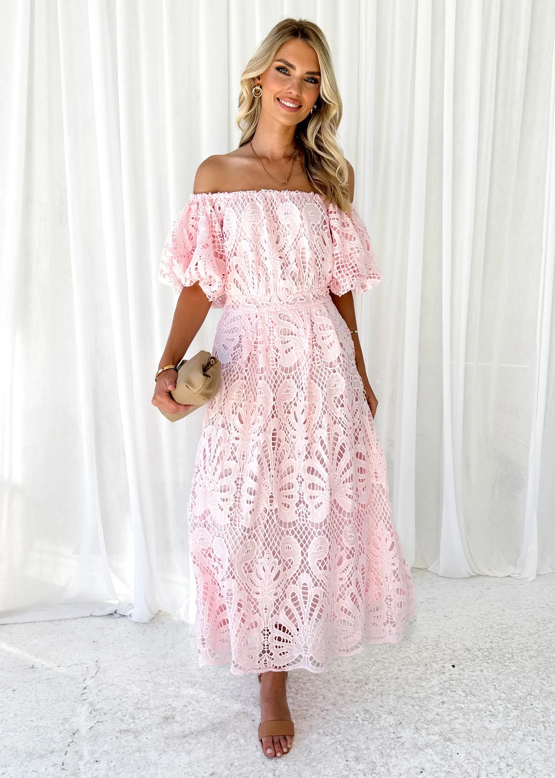 Olanah Off Shoulder Midi Dress - Pink sold by Gingham & Heels product image thumbnail 3