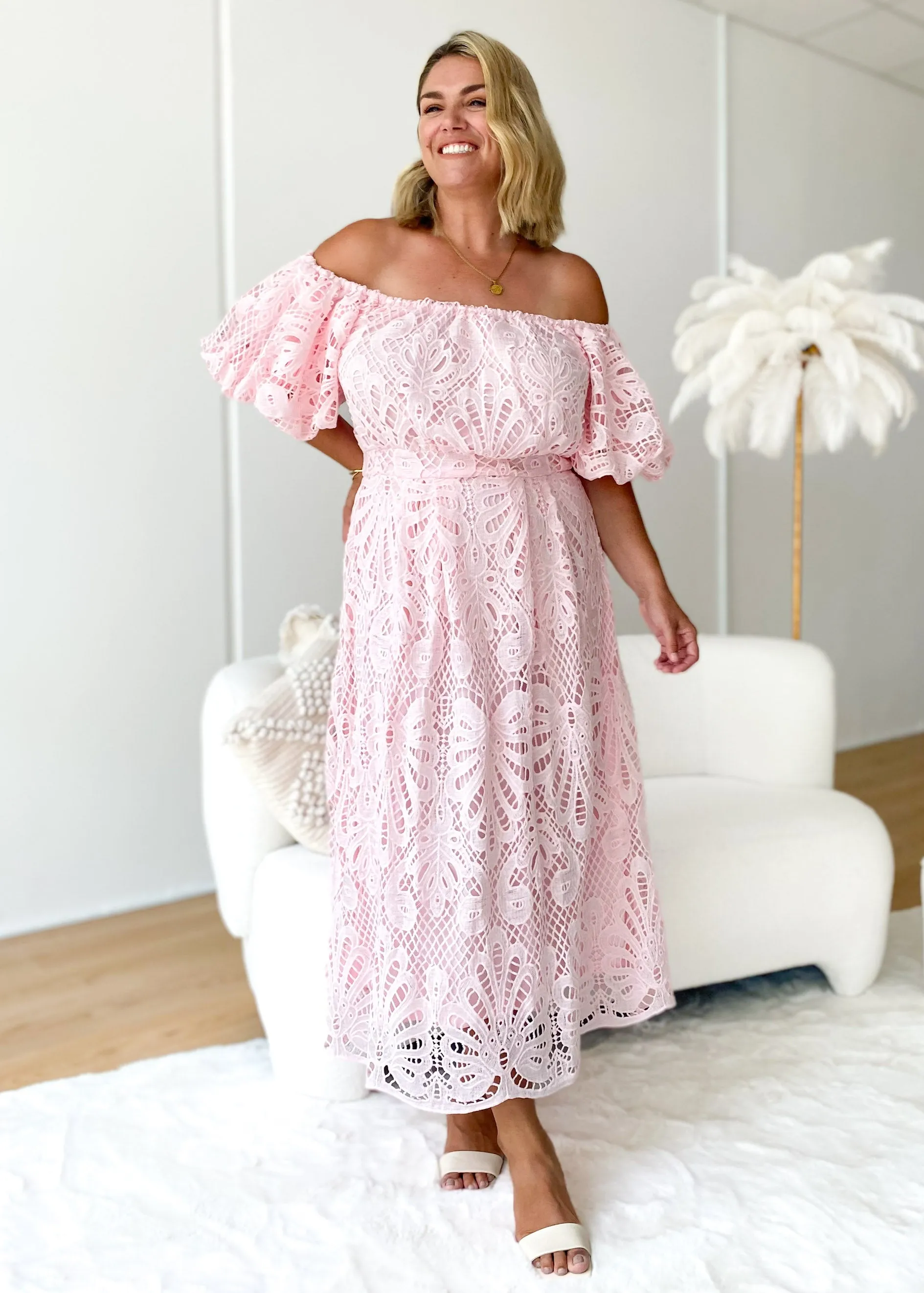 Olanah Off Shoulder Midi Dress - Pink sold by Gingham & Heels product image thumbnail 4