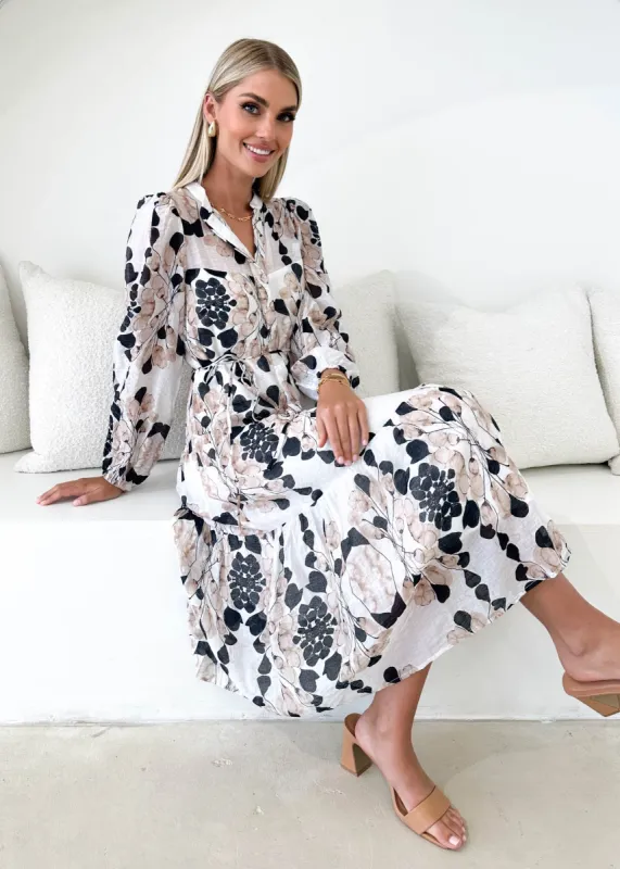 Carlae Midi Dress - Beige Blossom sold by Gingham & Heels