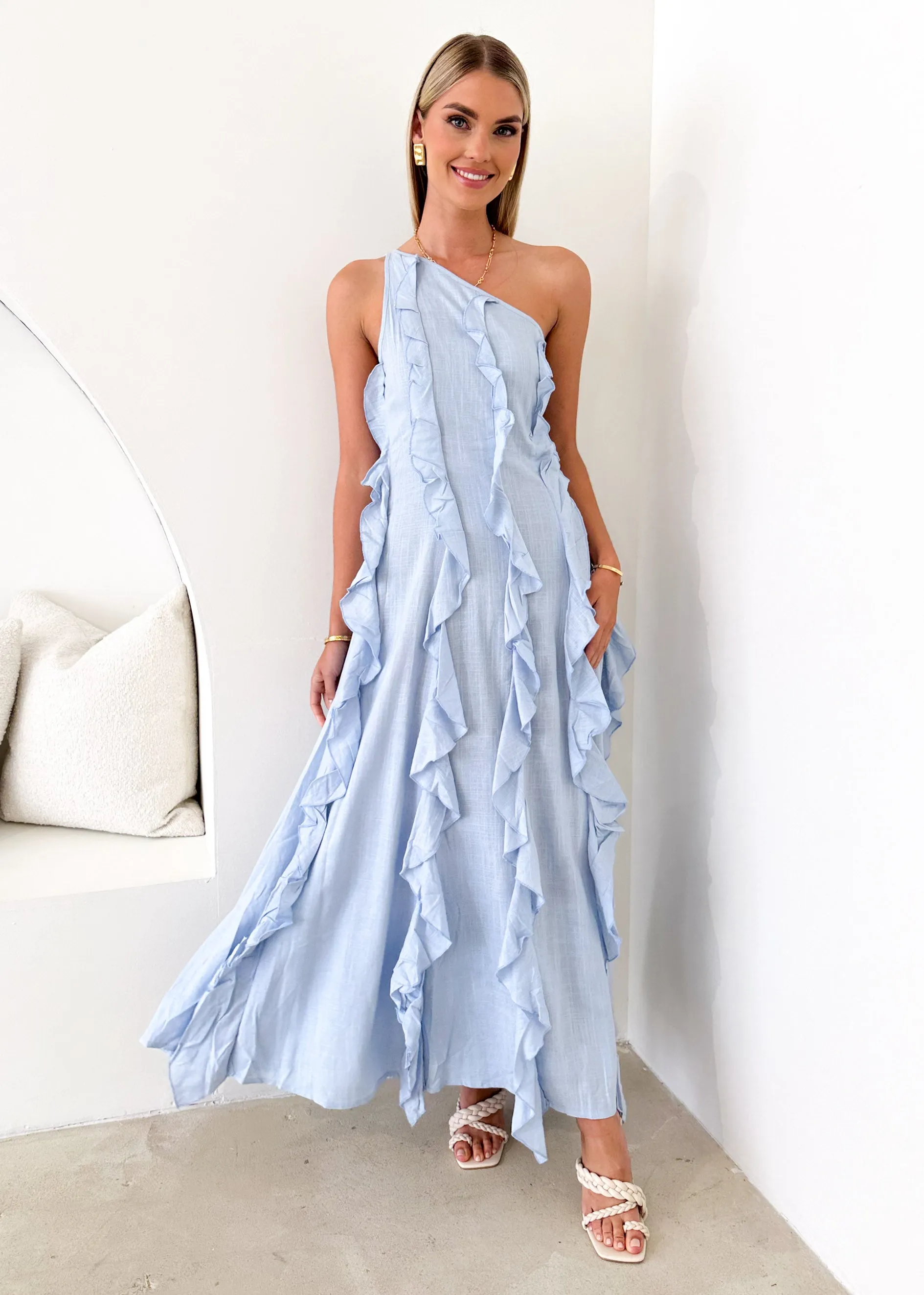 Madro One Shoulder Midi Dress - Powder Blue sold by Gingham & Heels product image thumbnail 3