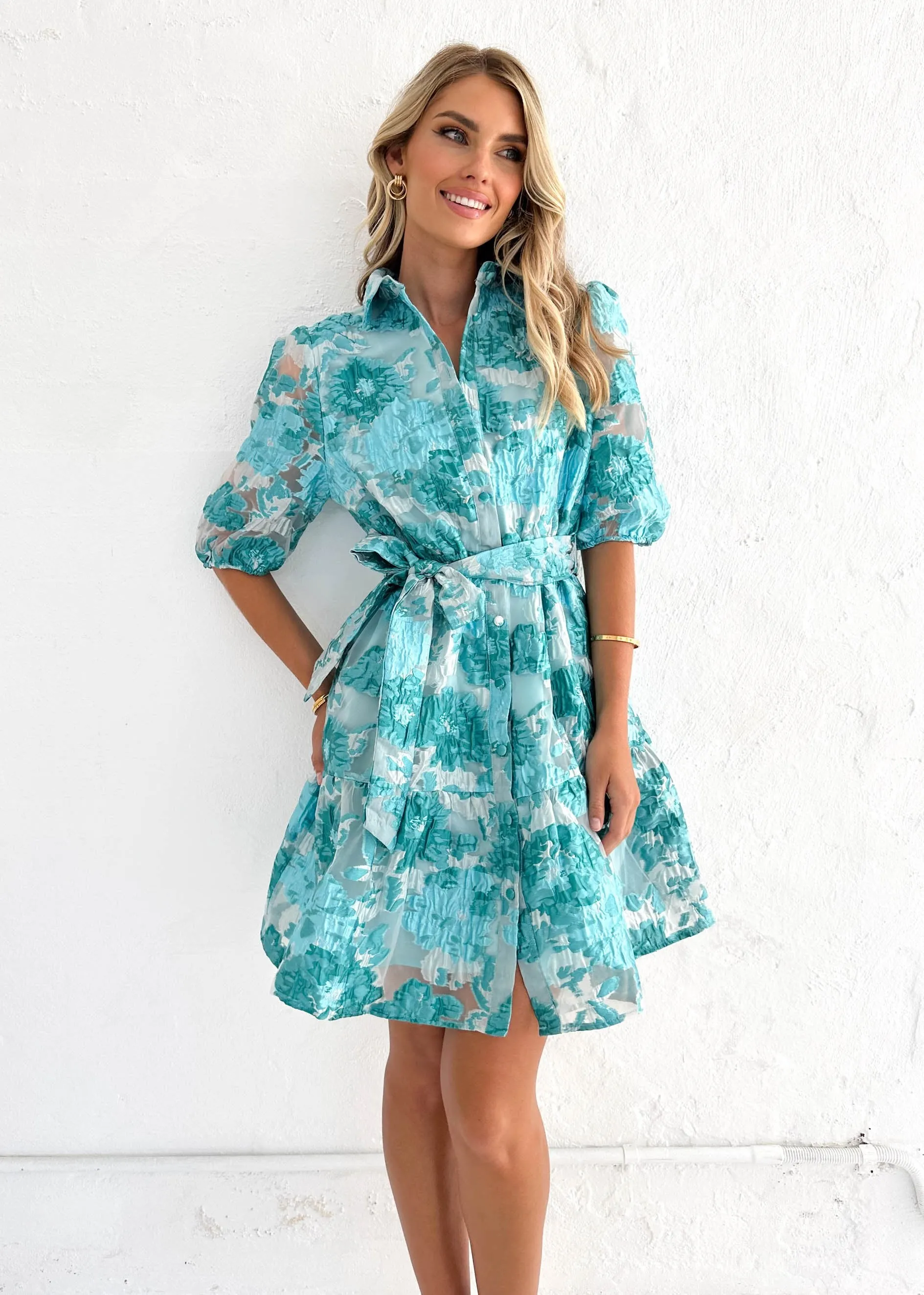 Glazer Dress - Aqua Jacquard sold by Gingham & Heels