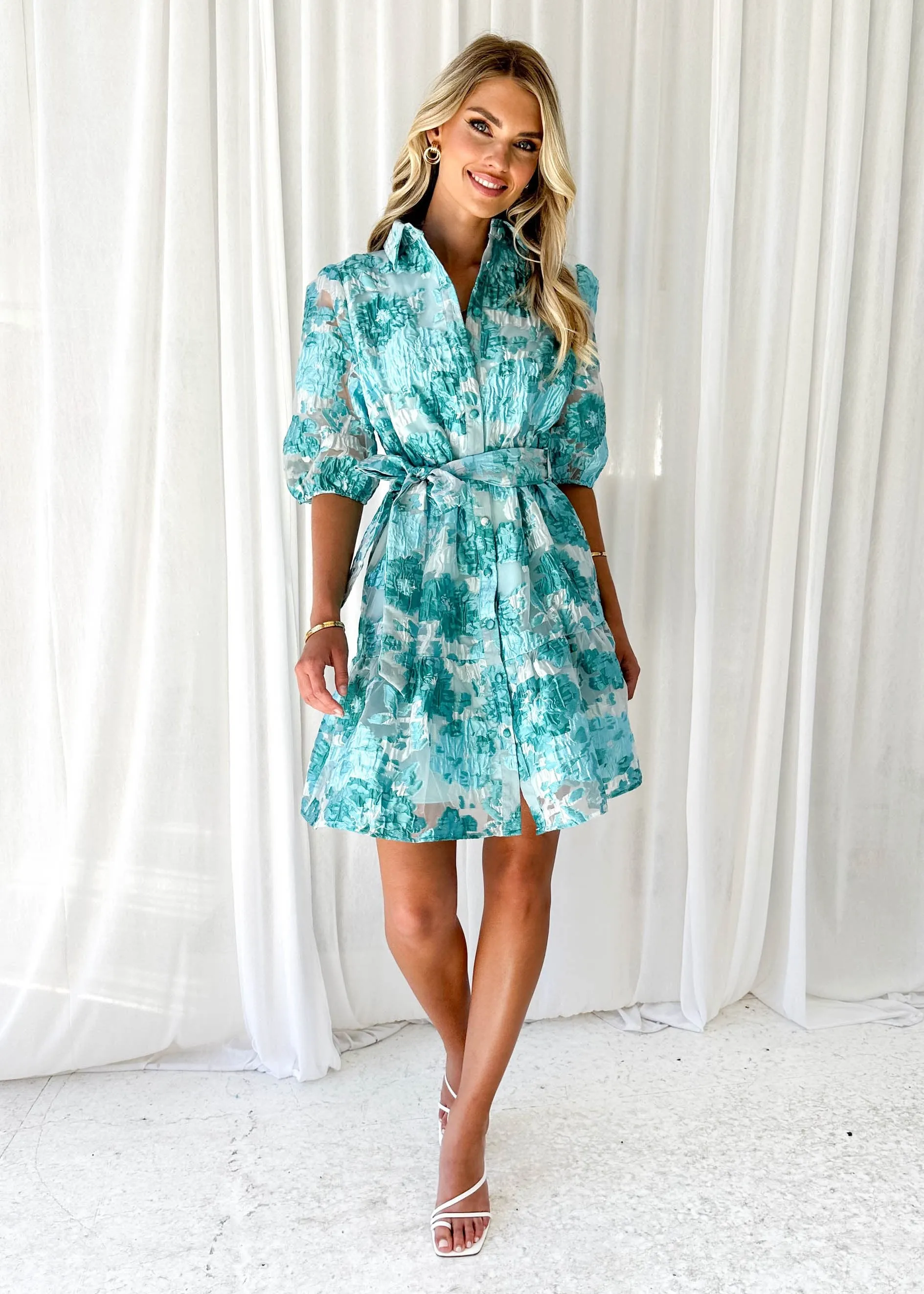 Glazer Dress - Aqua Jacquard sold by Gingham & Heels product image thumbnail 5
