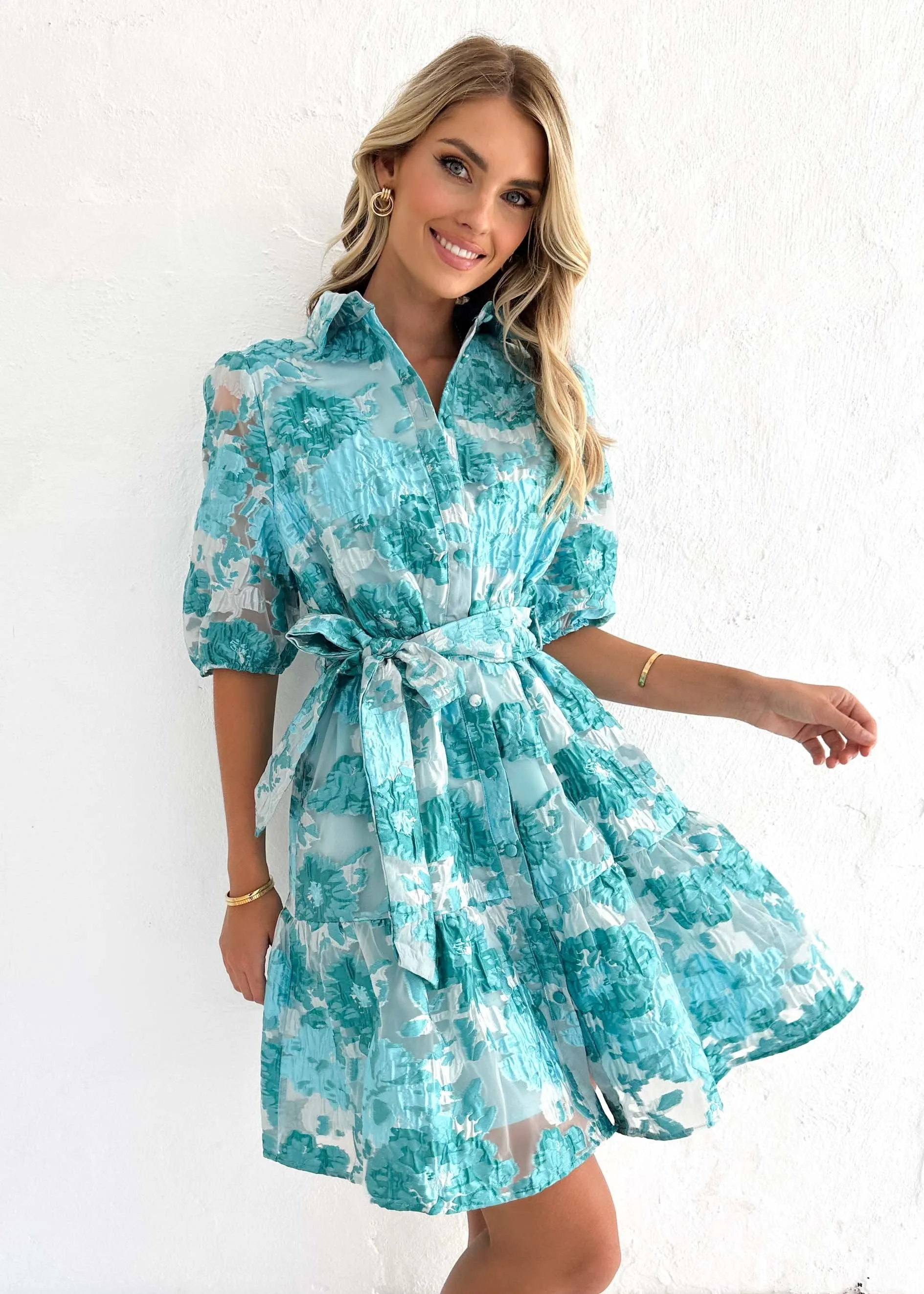 Glazer Dress - Aqua Jacquard sold by Gingham & Heels product image thumbnail 3