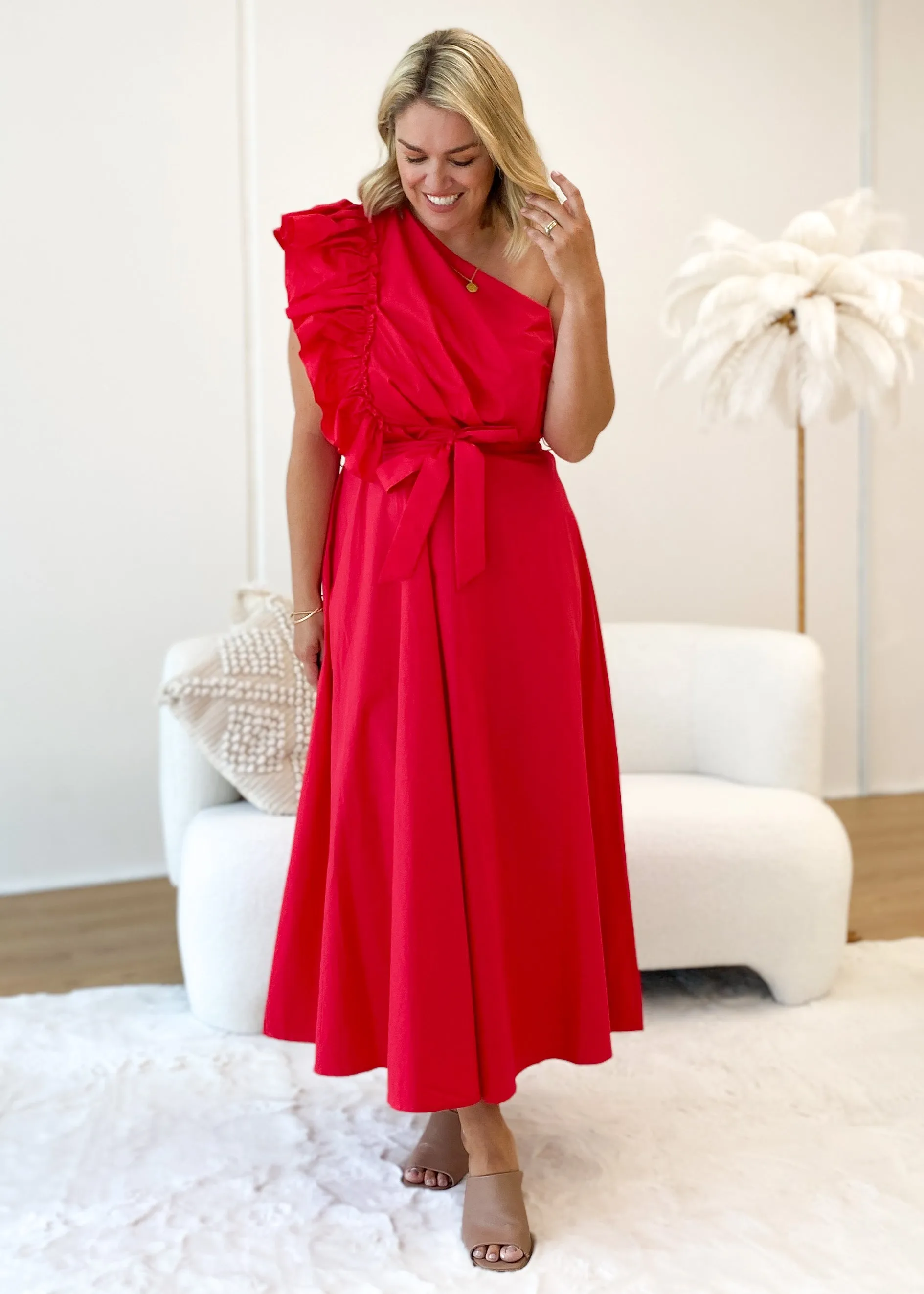 Rowler One Shoulder Midi Dress - Red sold by Gingham & Heels product image thumbnail 2