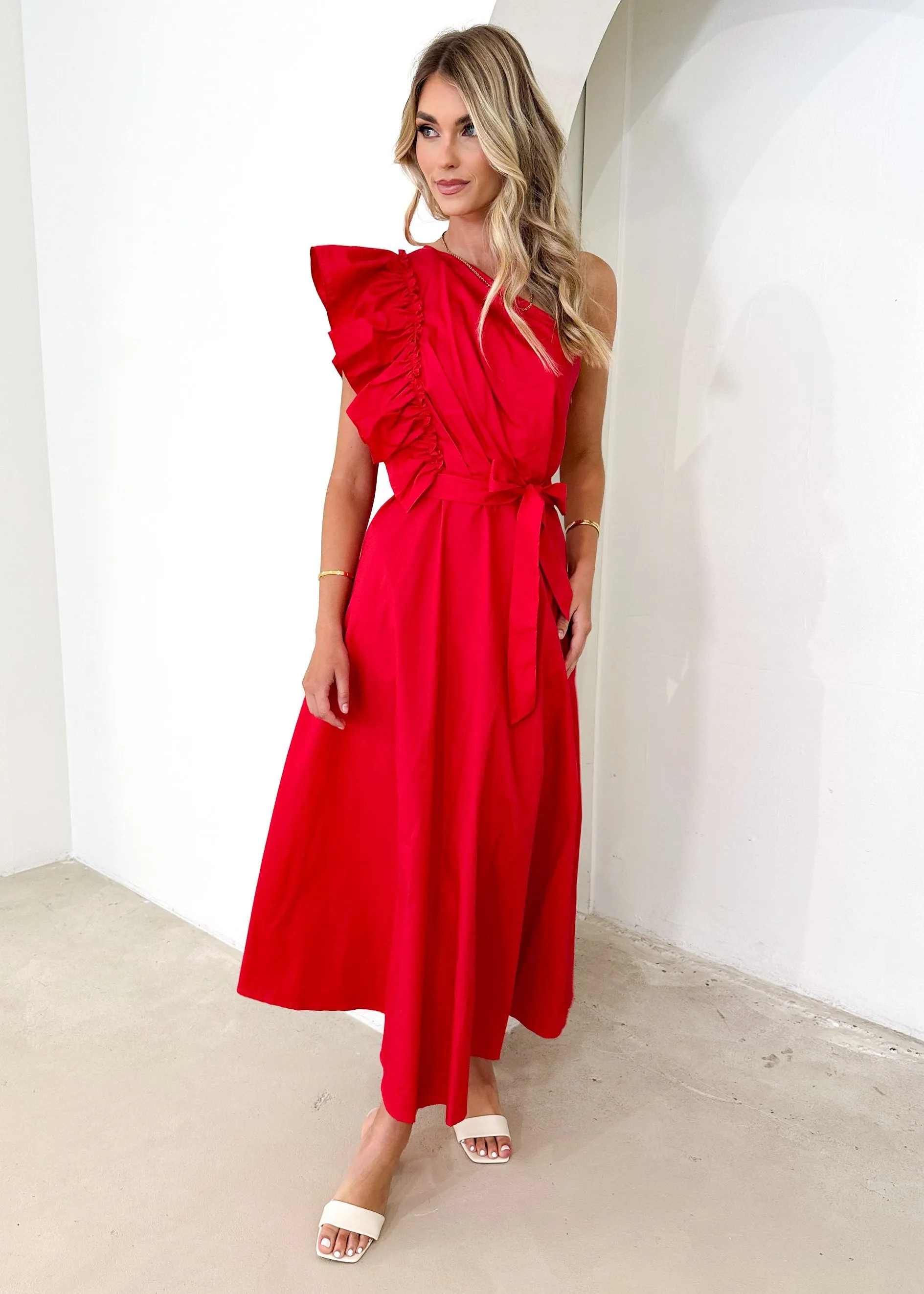 Rowler One Shoulder Midi Dress - Red sold by Gingham & Heels product image thumbnail 5