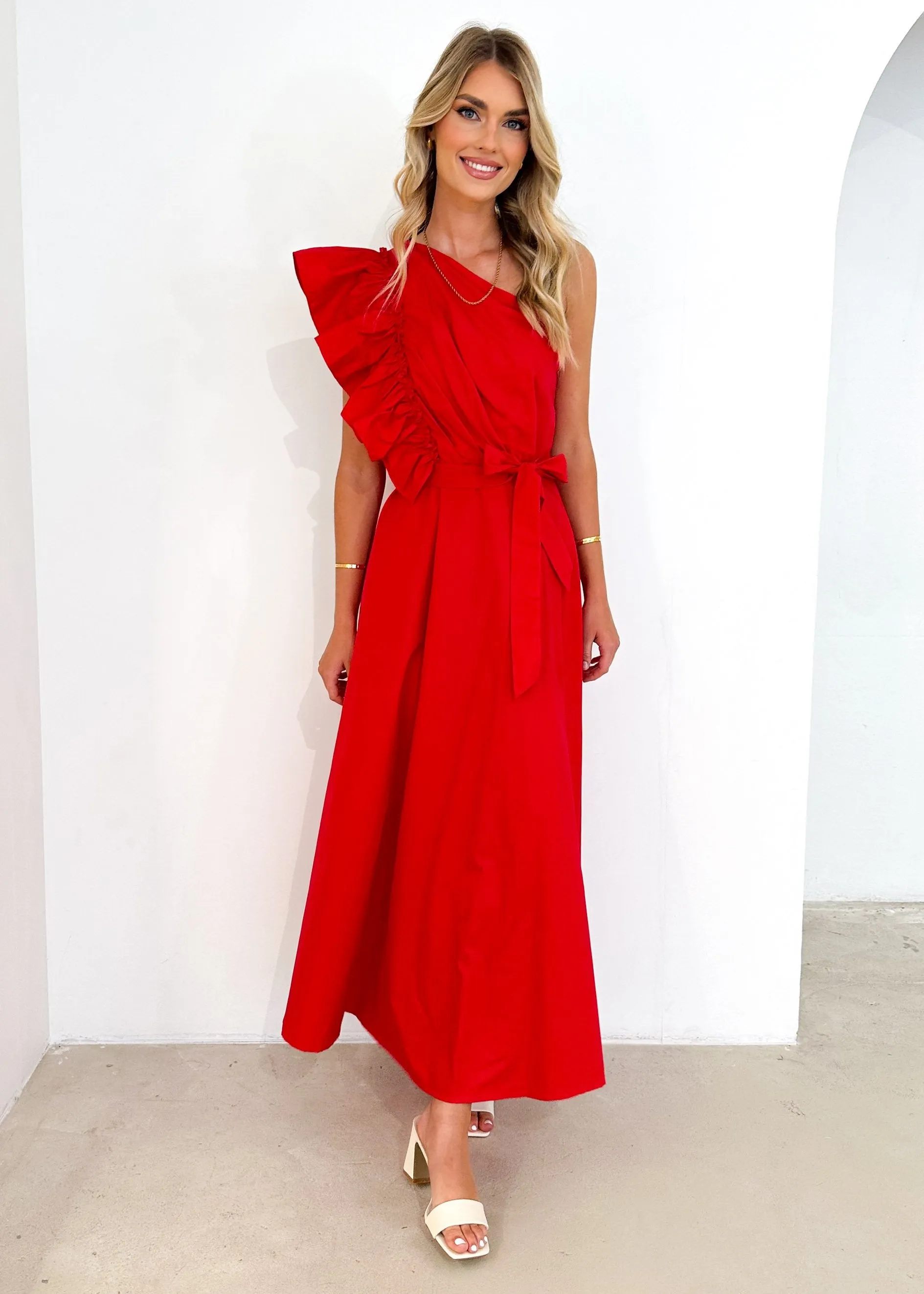 Rowler One Shoulder Midi Dress - Red sold by Gingham & Heels product image thumbnail 3