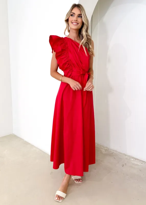 Rowler One Shoulder Midi Dress - Red sold by Gingham & Heels