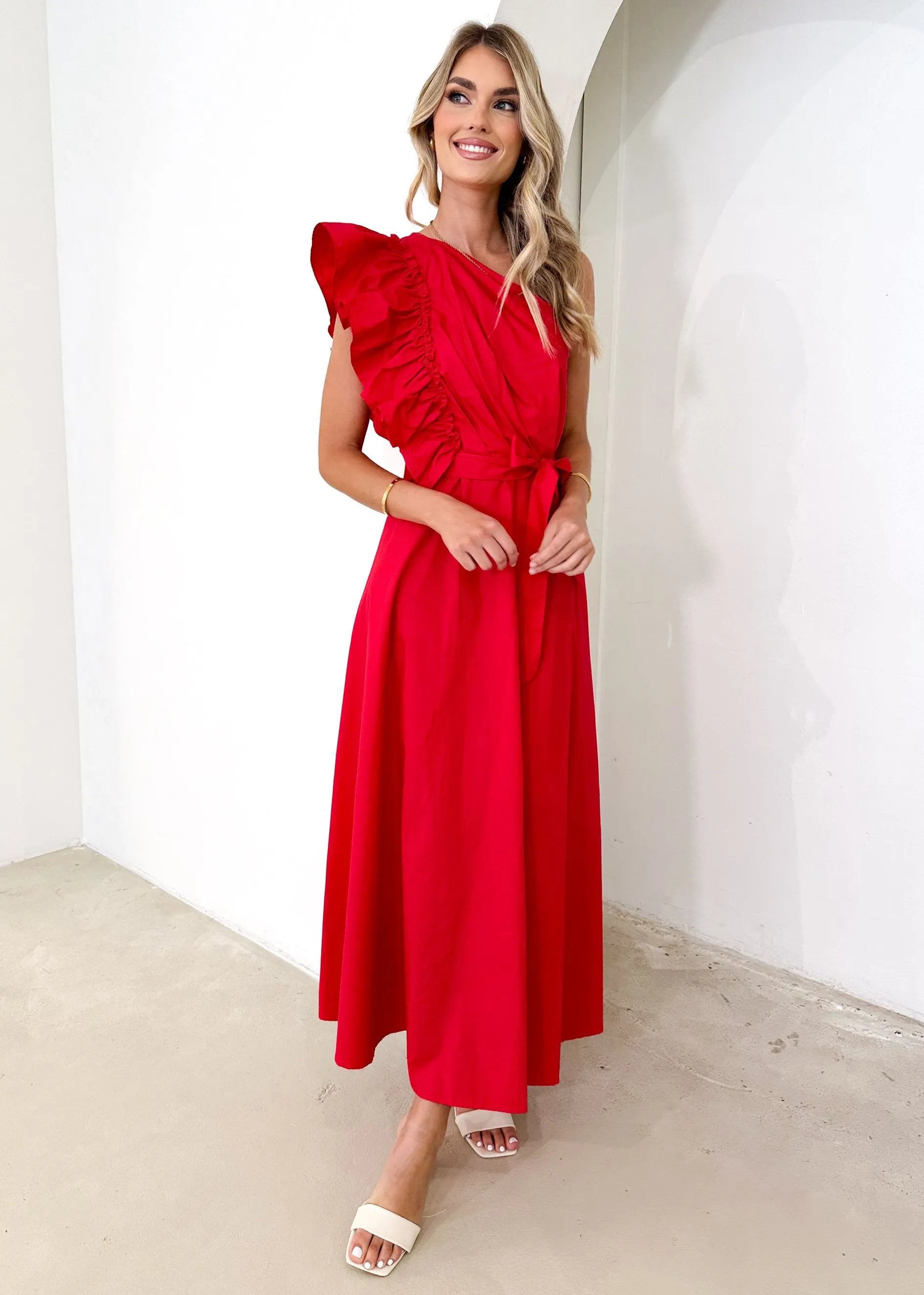 Rowler One Shoulder Midi Dress - Red sold by Gingham & Heels