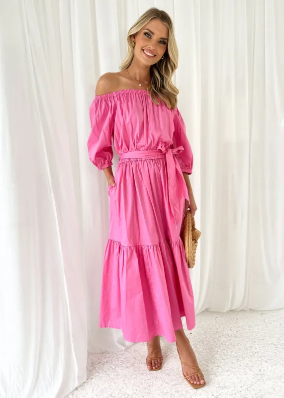 Bolla Off Shoulder Midi Dress - Hot Pink sold by Gingham & Heels