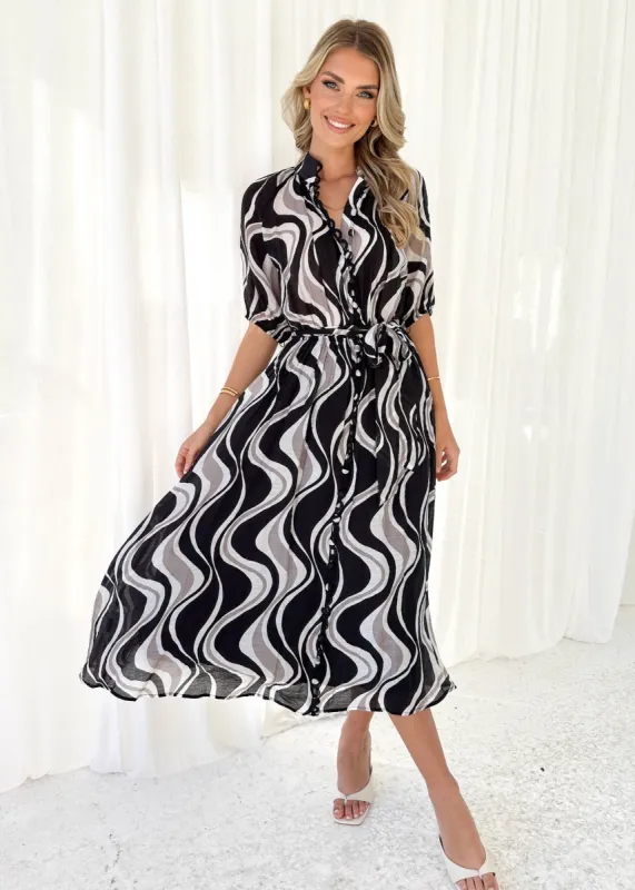 Riall Midi Dress - Black Swirl sold by Gingham & Heels