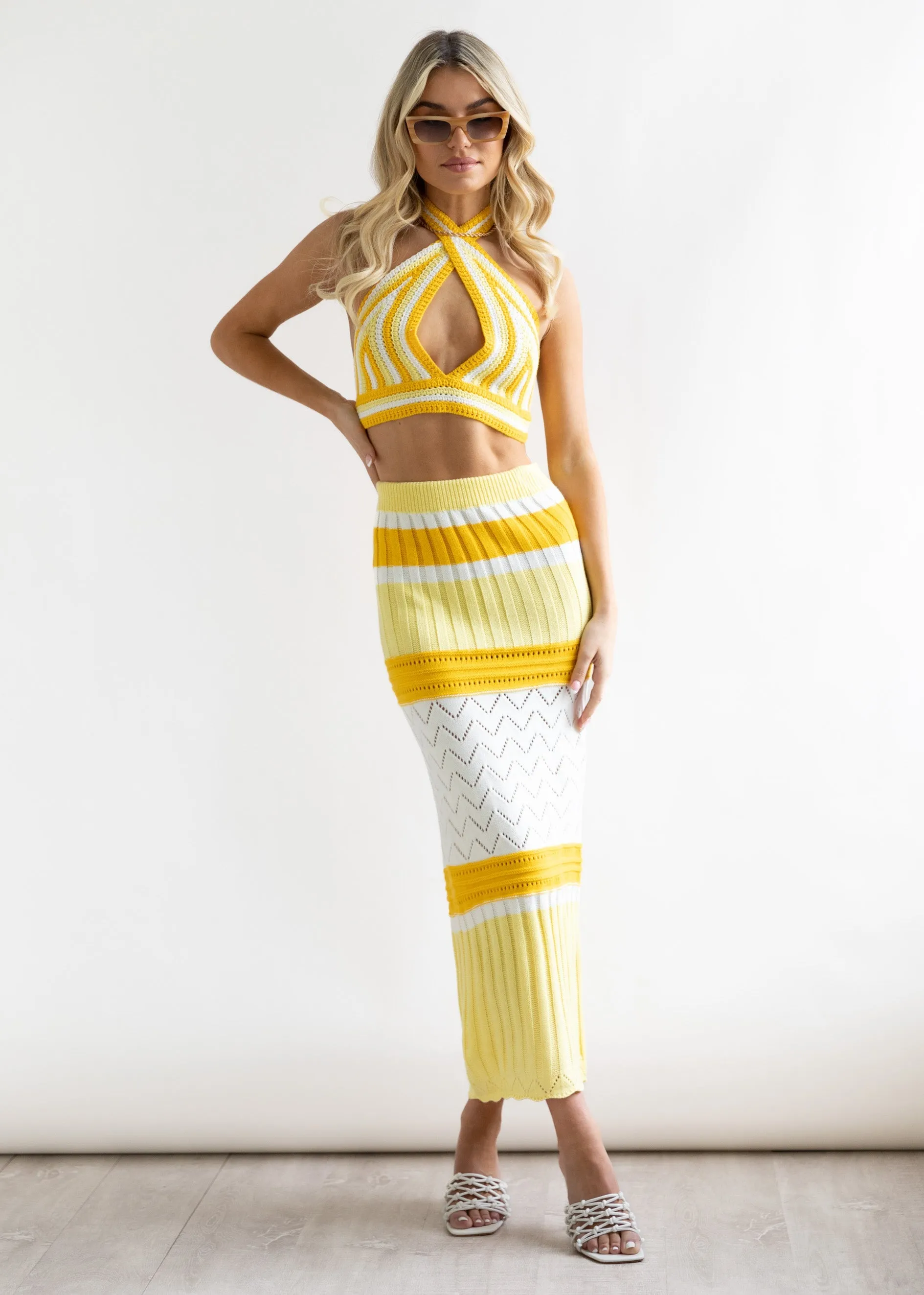 Harla Knit Midi Skirt - Lemon Stripe sold by Gingham & Heels product image thumbnail 5