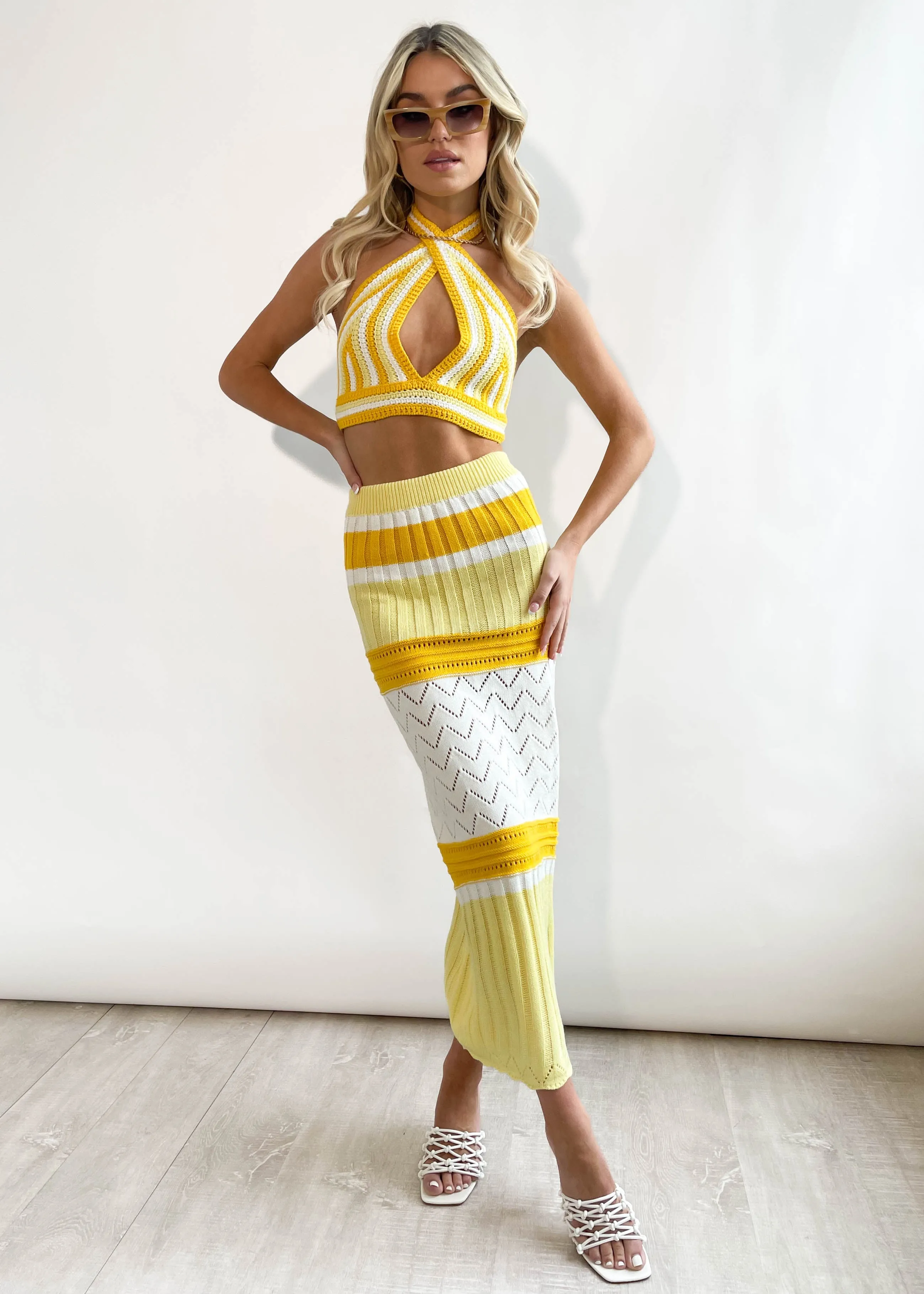 Harla Knit Midi Skirt - Lemon Stripe sold by Gingham & Heels