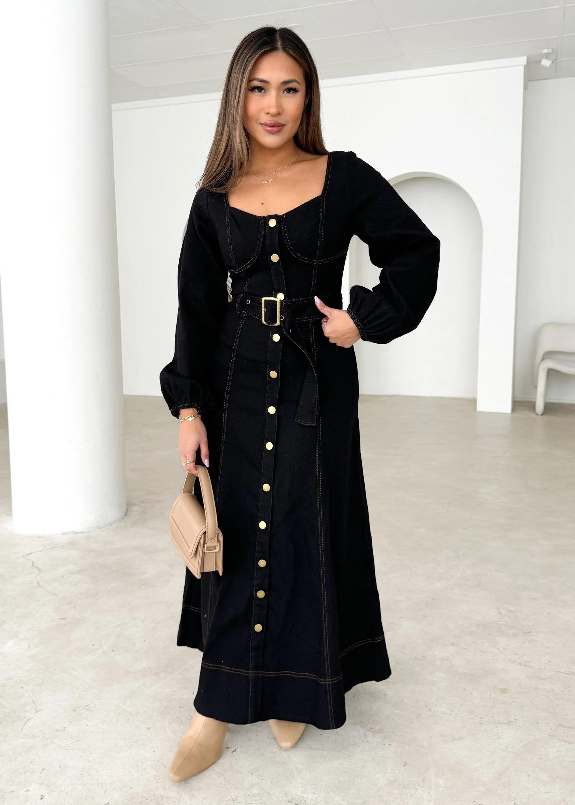 Fiorella Denim Maxi Dress - Black sold by Gingham & Heels