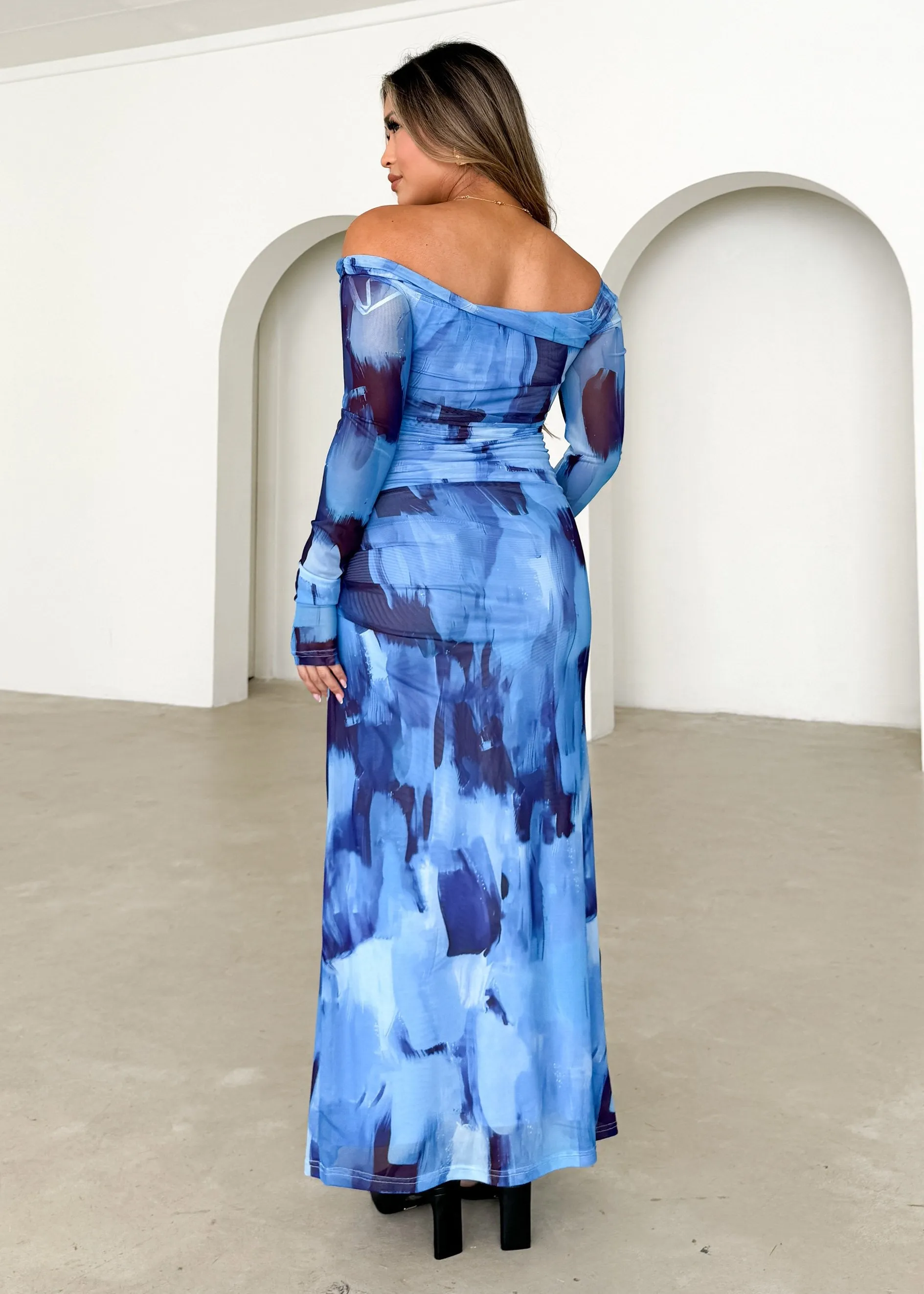Dazey Mesh Off Shoulder Maxi Dress - Blue Abstract sold by Gingham & Heels product image thumbnail 4