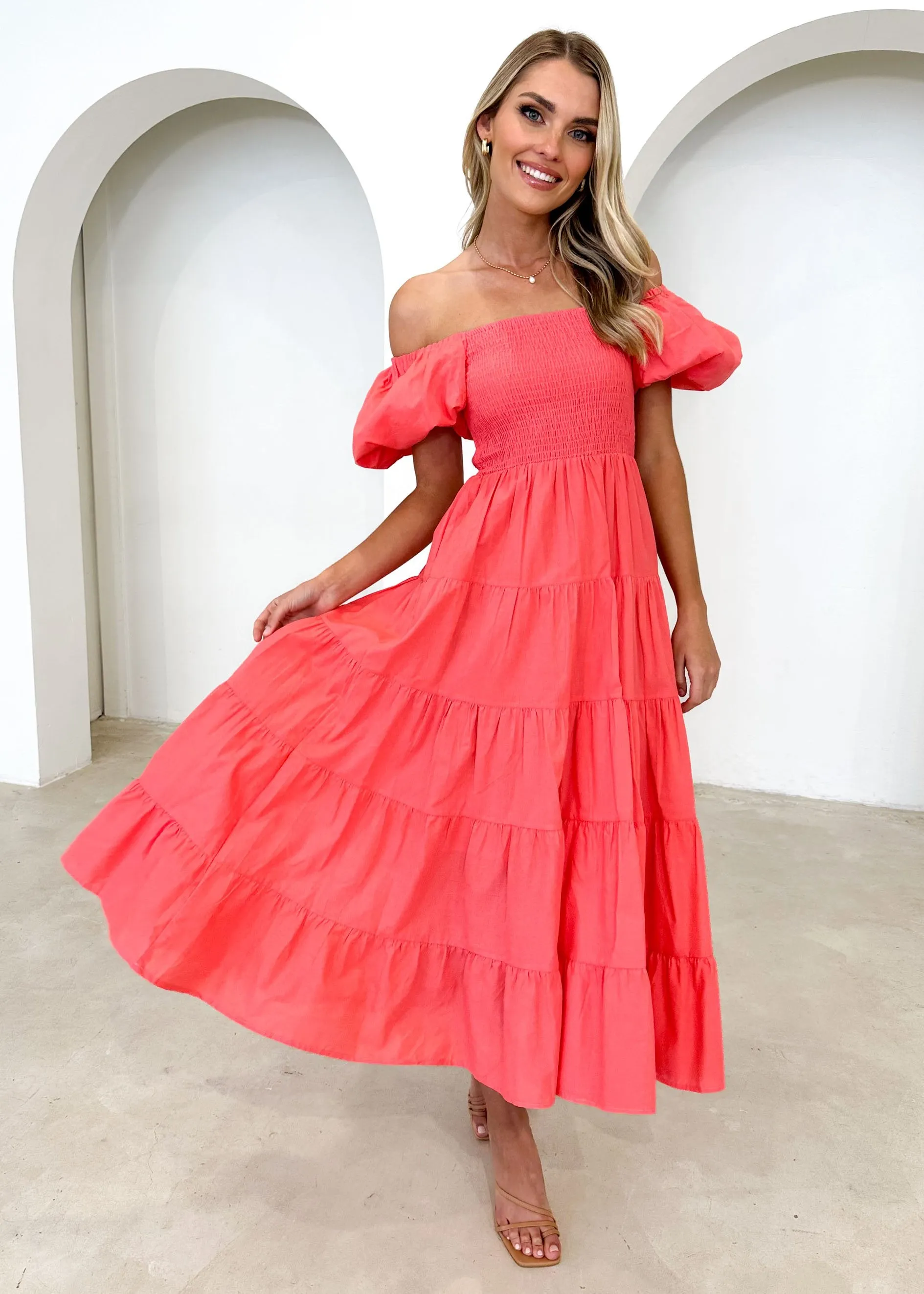 Darlah Midi Dress - Coral sold by Gingham & Heels