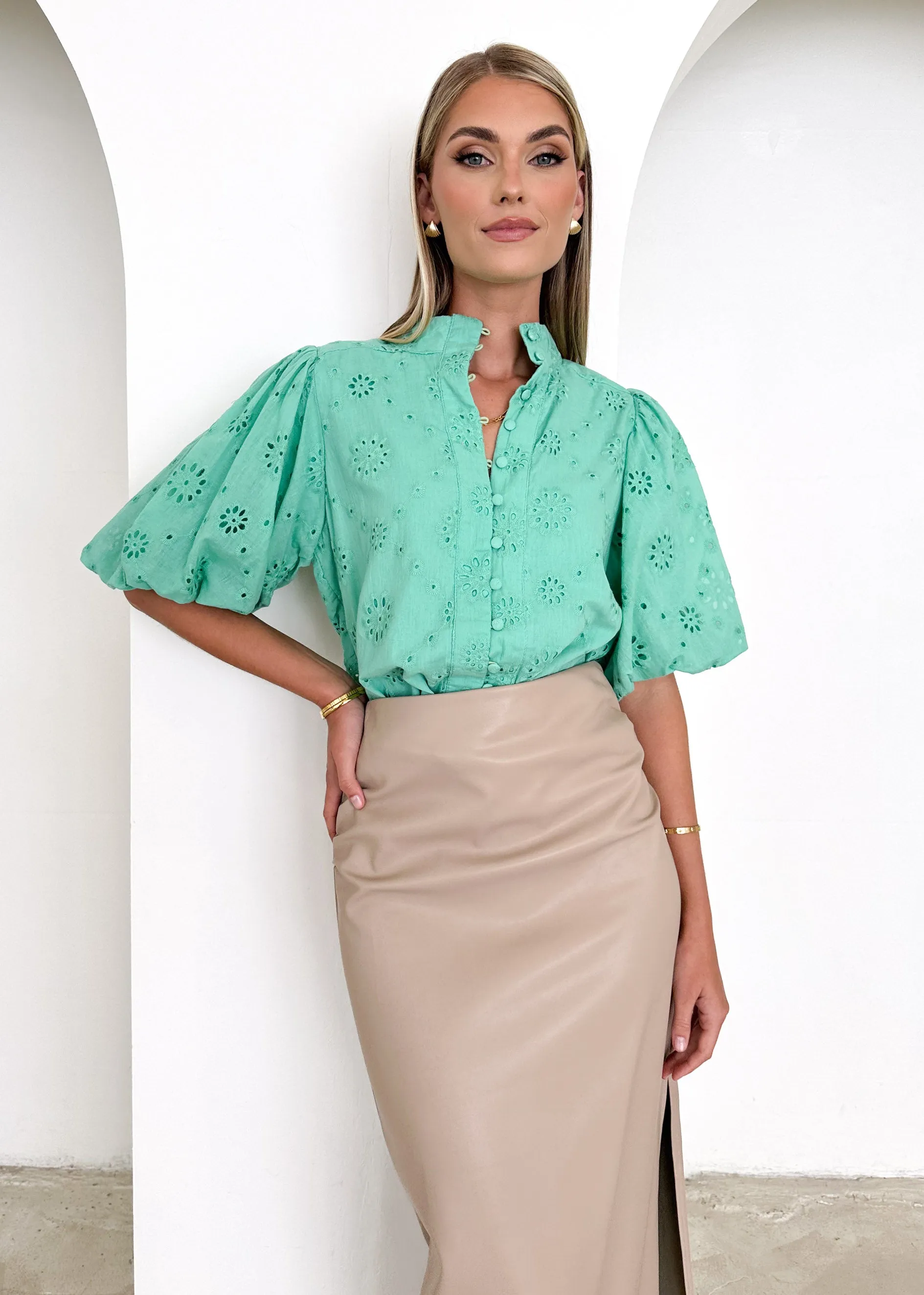 Loanne Shirt - Green Anglaise sold by Gingham & Heels