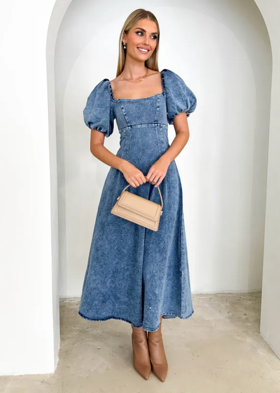 Netta Denim Maxi Dress - Mid Blue sold by Gingham & Heels