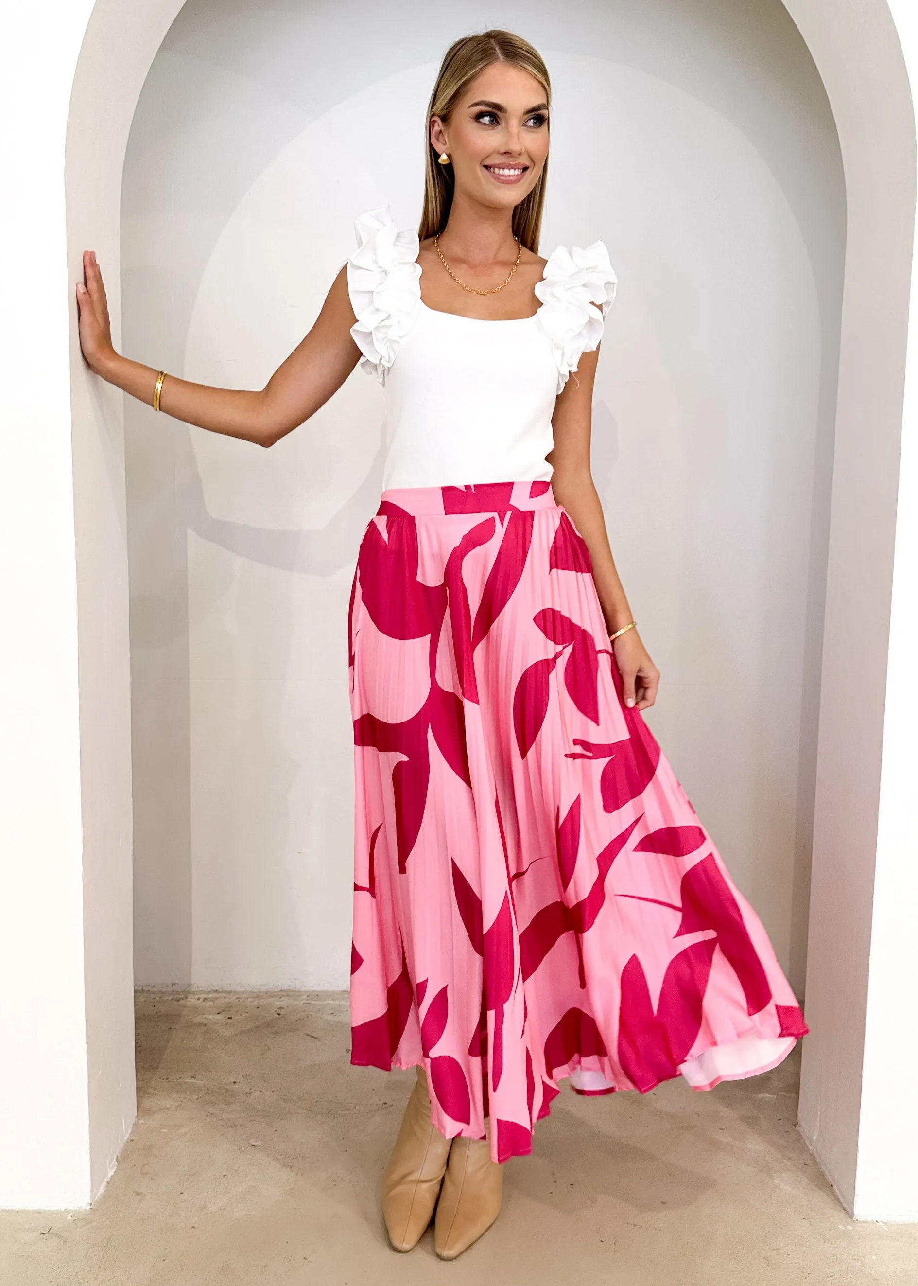 Lylia Midi Skirt - Magenta Leaf sold by Gingham & Heels