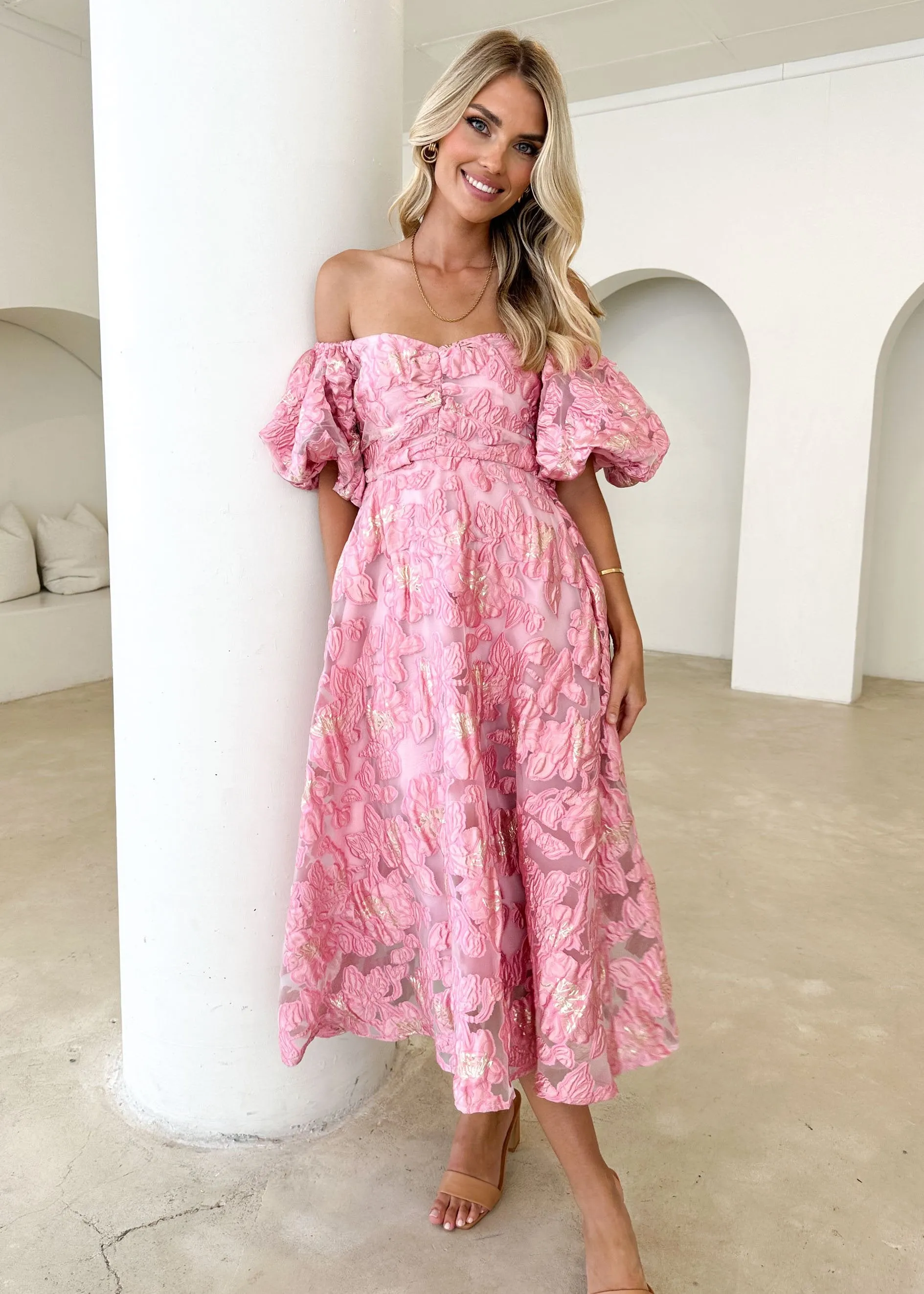 Simma Off Shoulder Midi Dress - Candy Pink Jacquard sold by Gingham & Heels product image thumbnail 3
