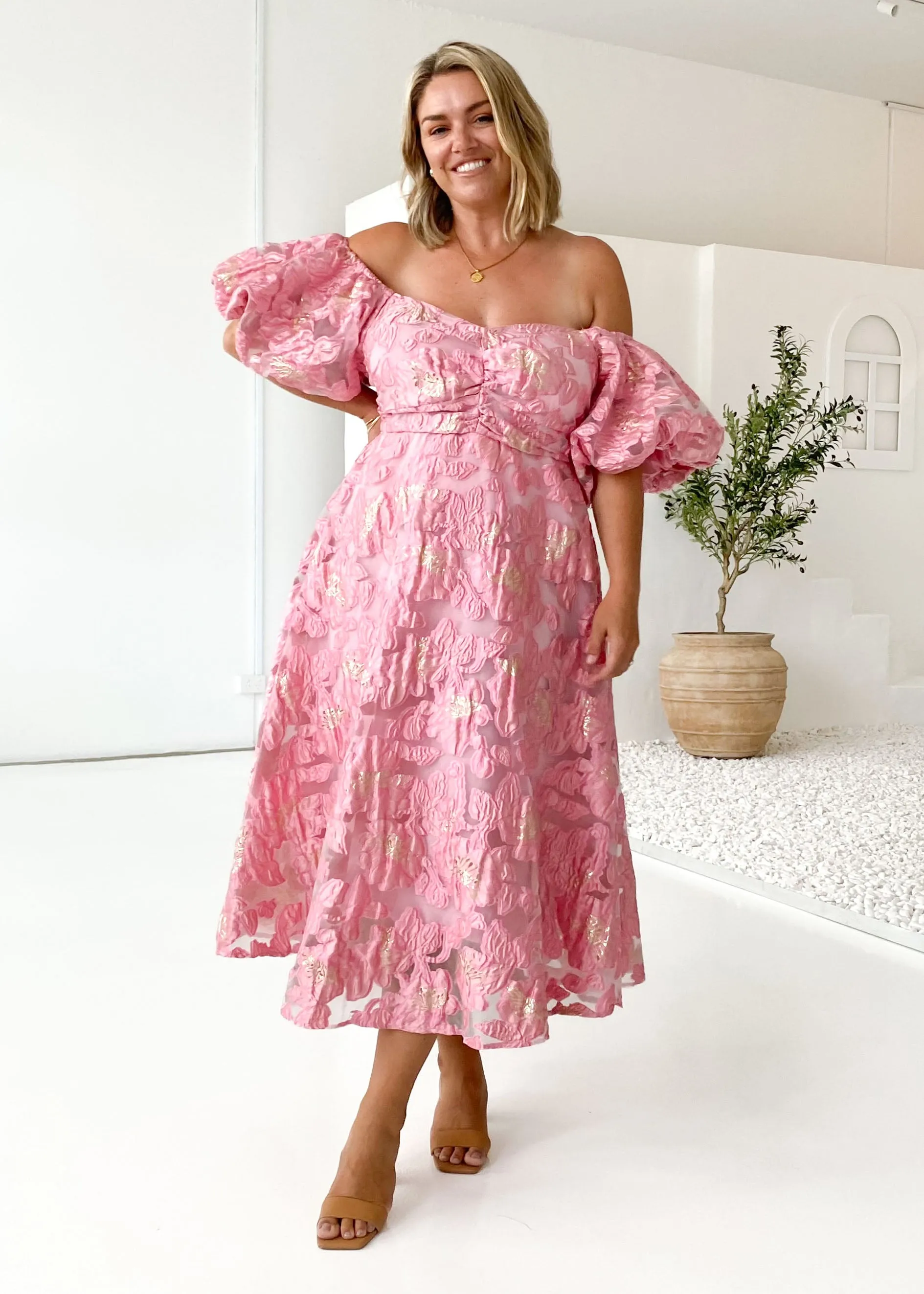 Simma Off Shoulder Midi Dress - Candy Pink Jacquard sold by Gingham & Heels product image thumbnail 4