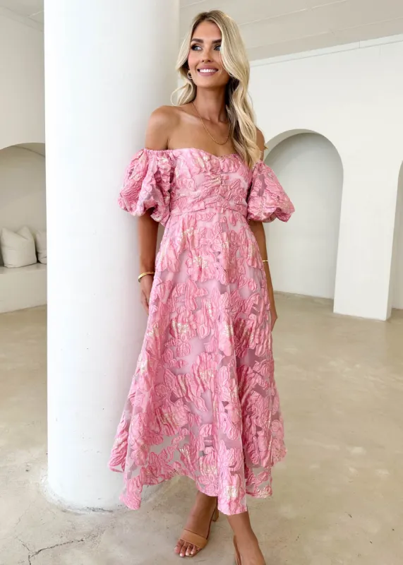 Simma Off Shoulder Midi Dress - Candy Pink Jacquard sold by Gingham & Heels