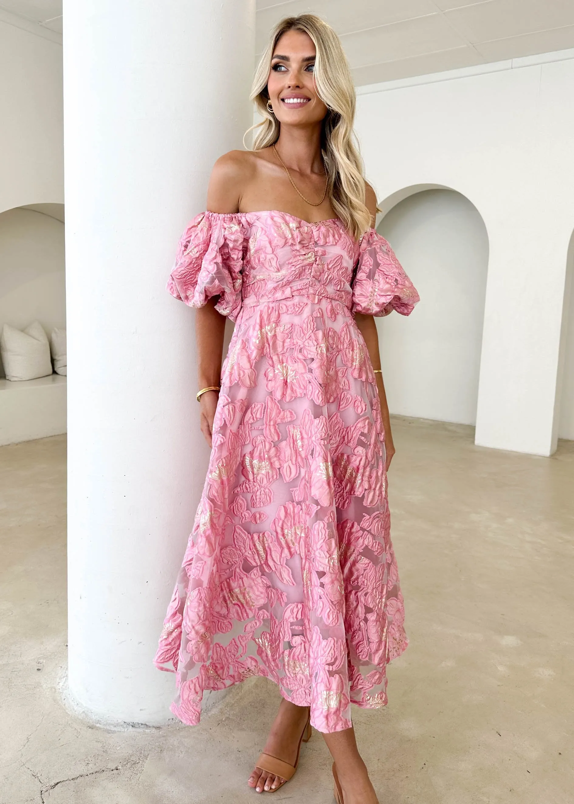 Simma Off Shoulder Midi Dress - Candy Pink Jacquard sold by Gingham & Heels