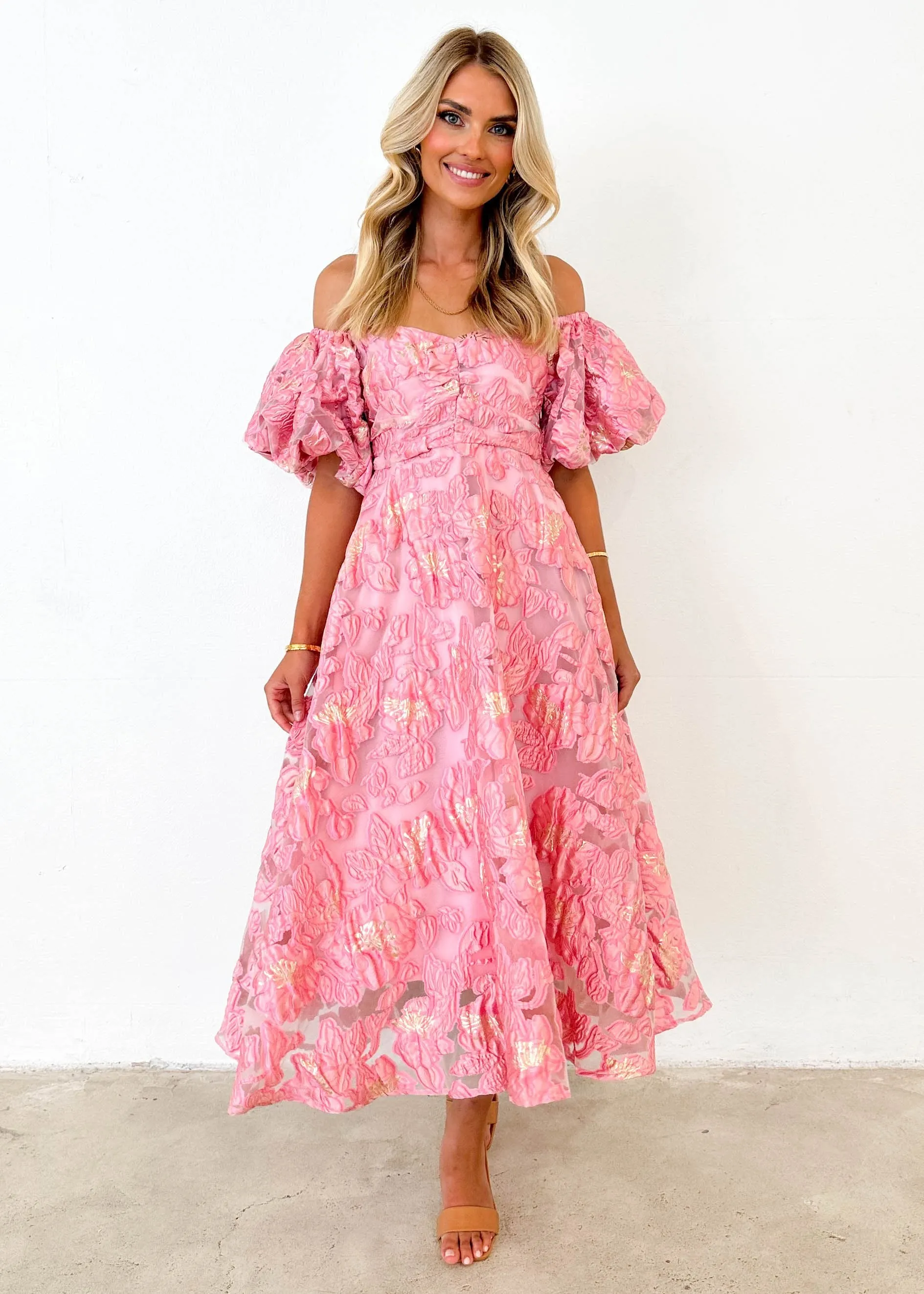 Simma Off Shoulder Midi Dress - Candy Pink Jacquard sold by Gingham & Heels product image thumbnail 5