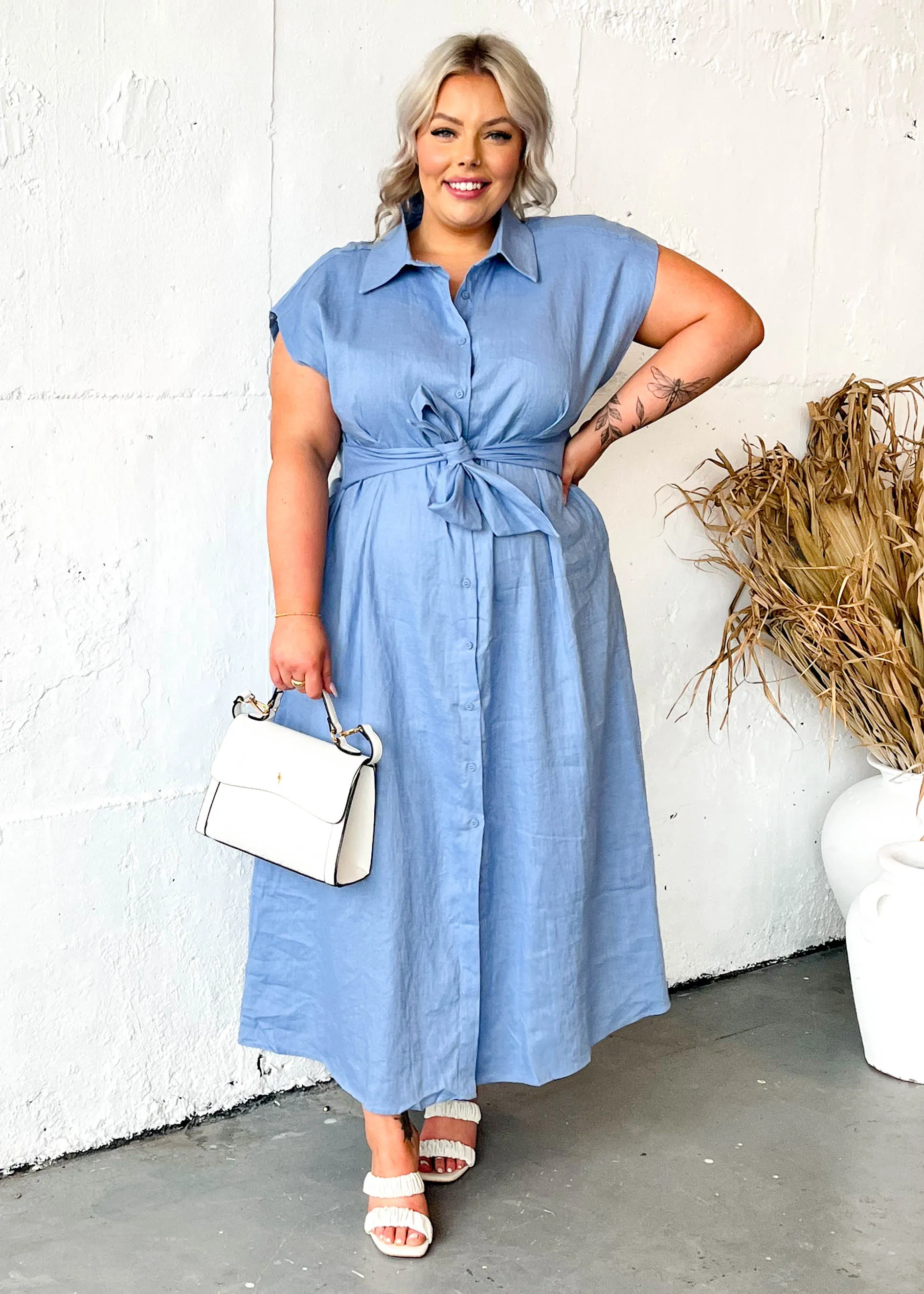Makari Linen Midi Dress - Blue sold by Gingham & Heels