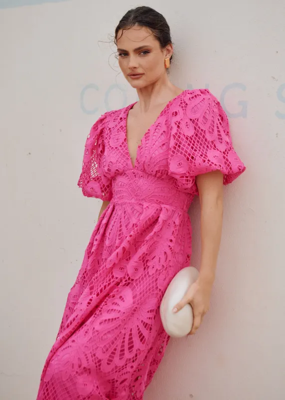 Mari Lace Maxi Dress - Magenta sold by Gingham & Heels