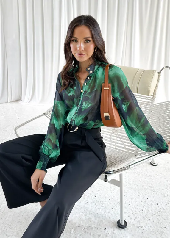 Kamey Blouse - Emerald Watercolour sold by Gingham & Heels