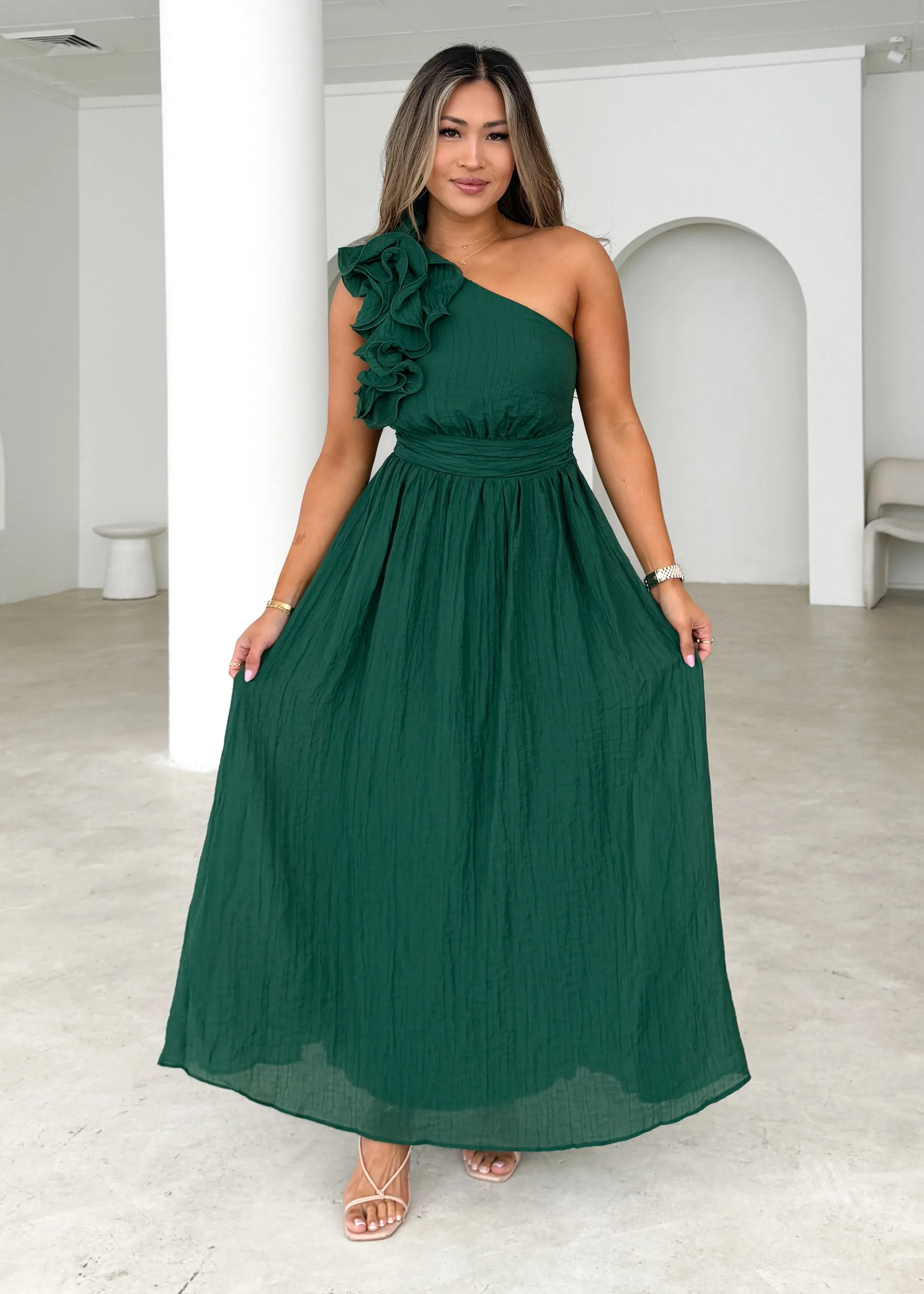Iksie One Shoulder Maxi Dress - Emerald sold by Gingham & Heels