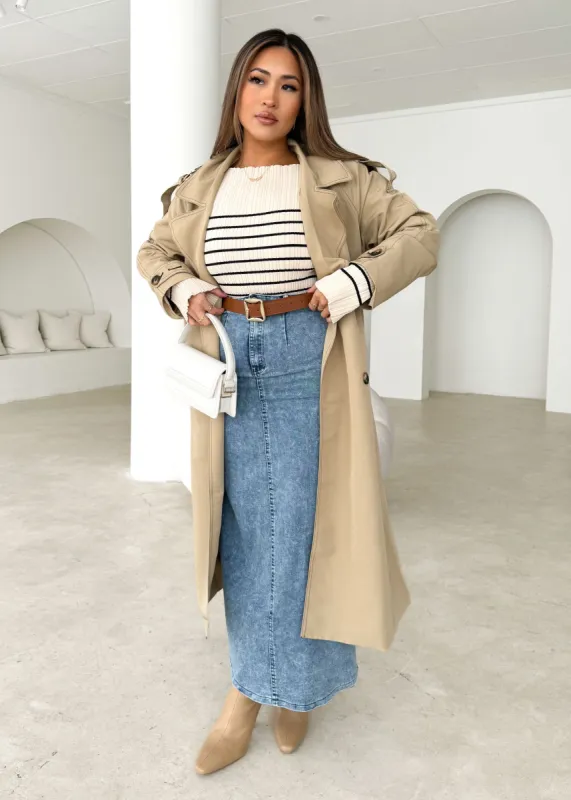 Suklia Denim Midi Skirt - Washed Blue sold by Gingham & Heels