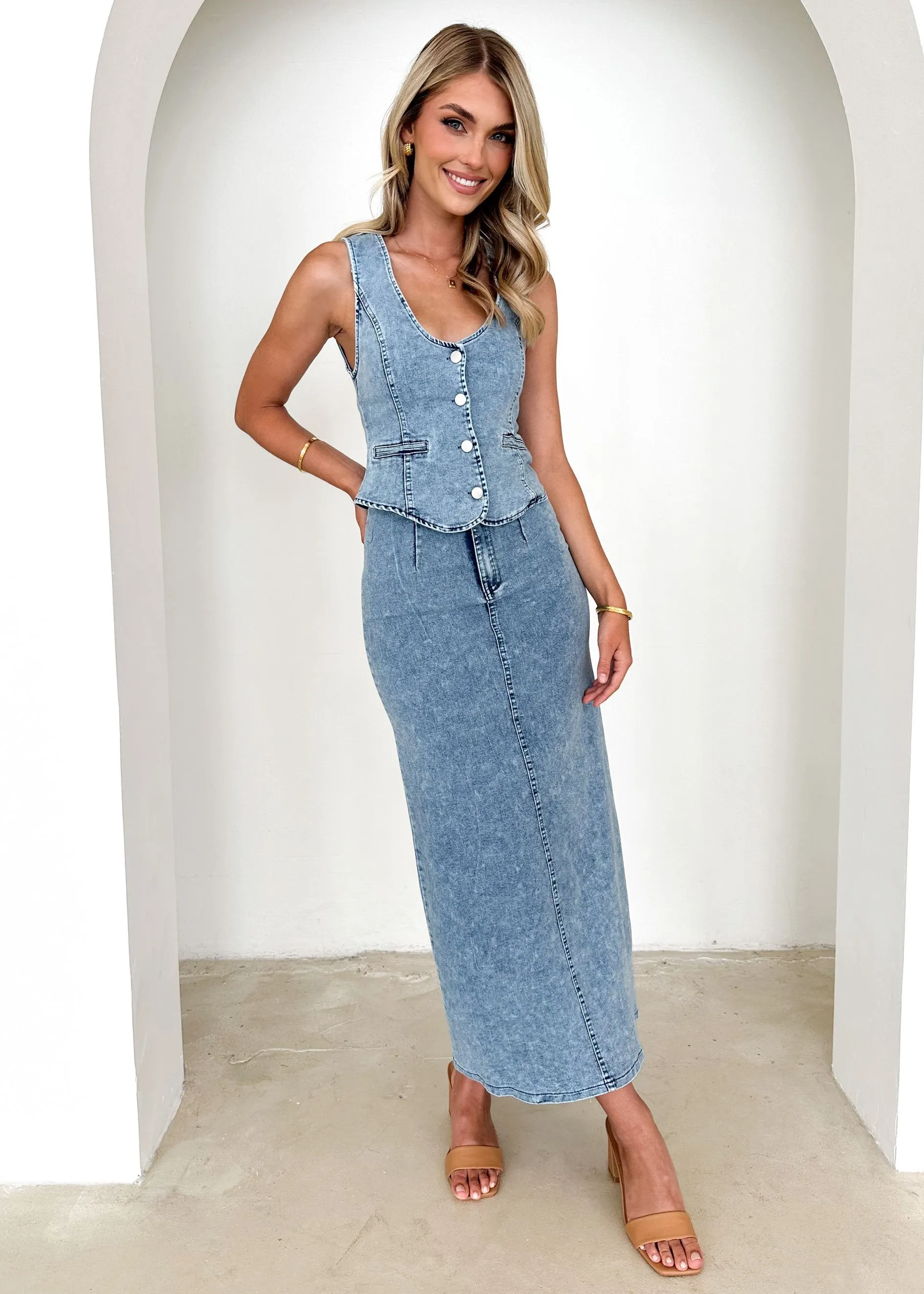 Suklia Denim Midi Skirt - Washed Blue sold by Gingham & Heels product image thumbnail 5