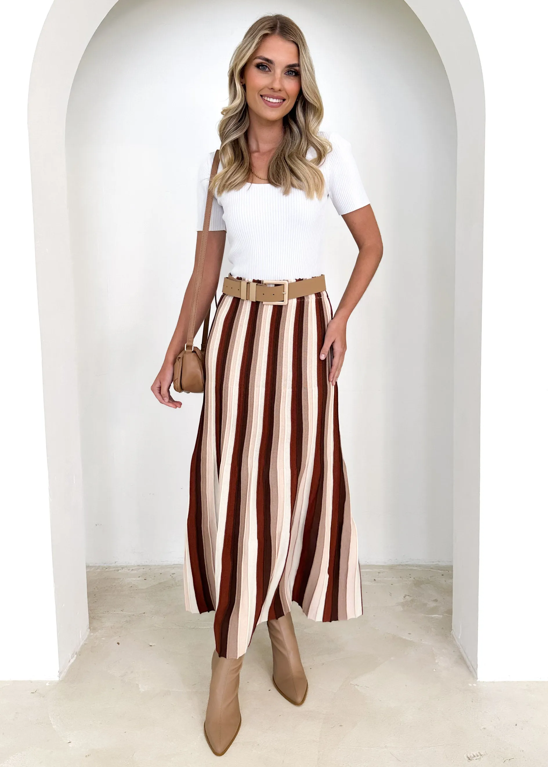 Kylee Knit Midi Skirt - Chocolate Stripe sold by Gingham & Heels