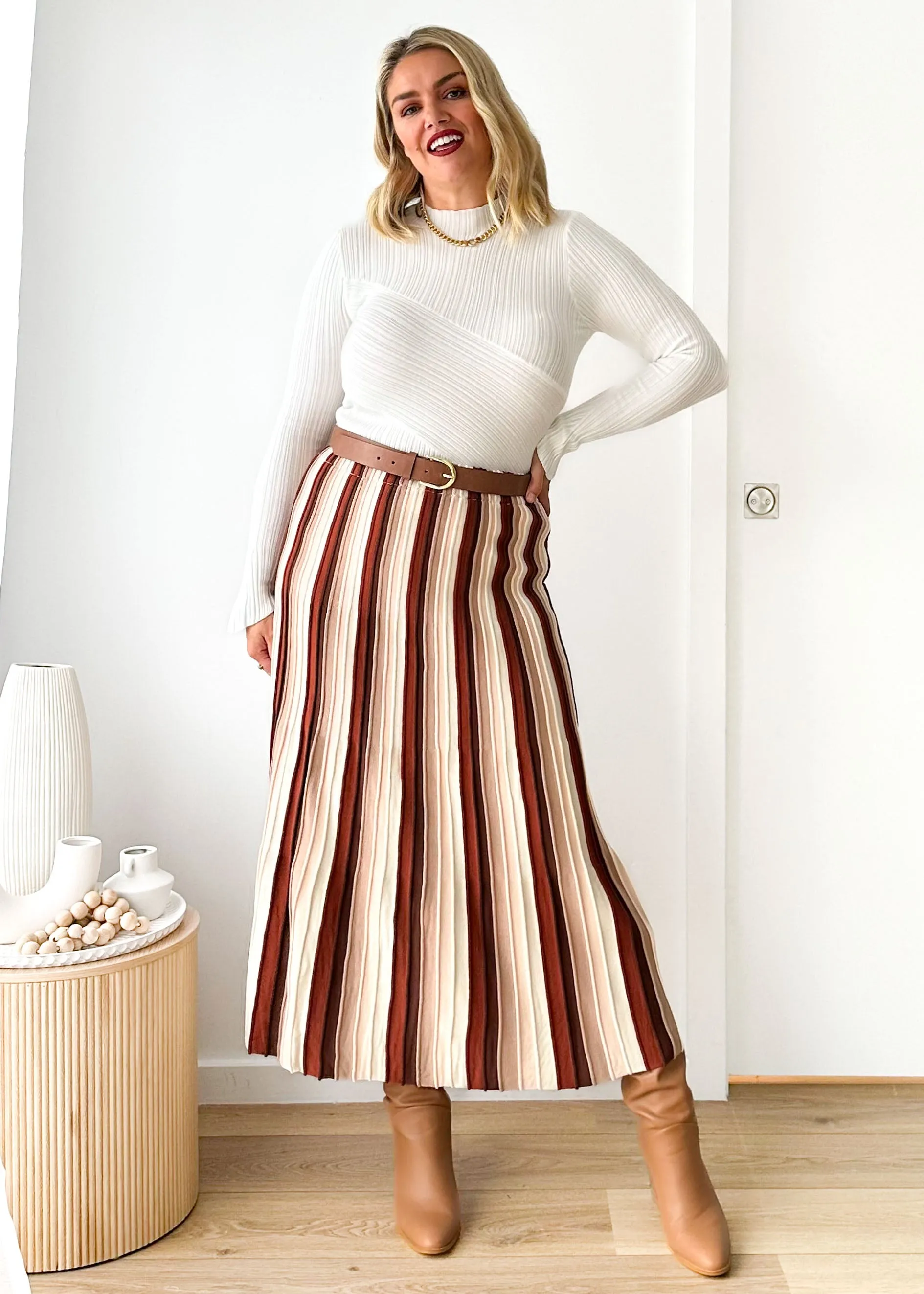 Kylee Knit Midi Skirt - Chocolate Stripe sold by Gingham & Heels product image thumbnail 4
