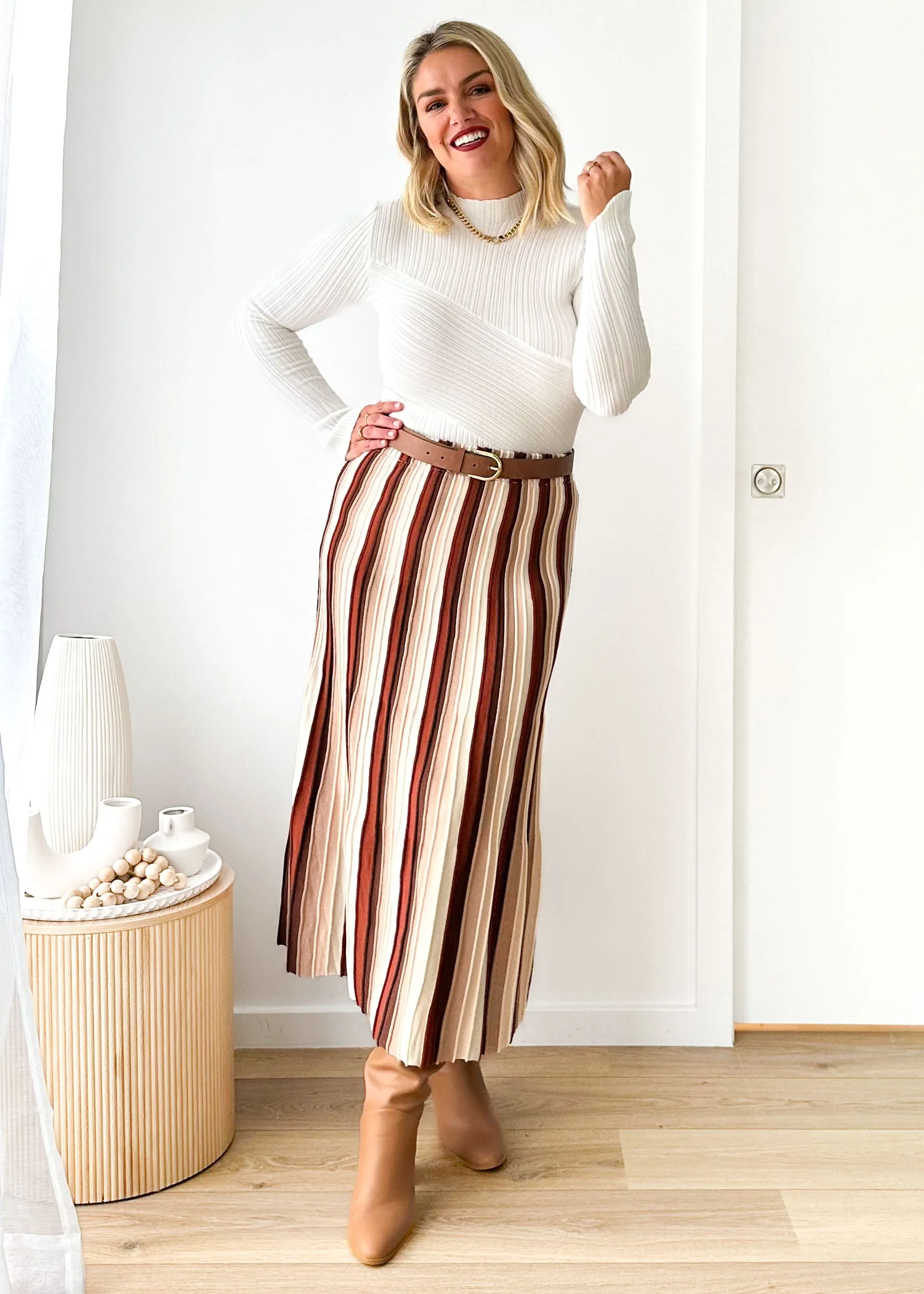 Kylee Knit Midi Skirt - Chocolate Stripe sold by Gingham & Heels product image thumbnail 2