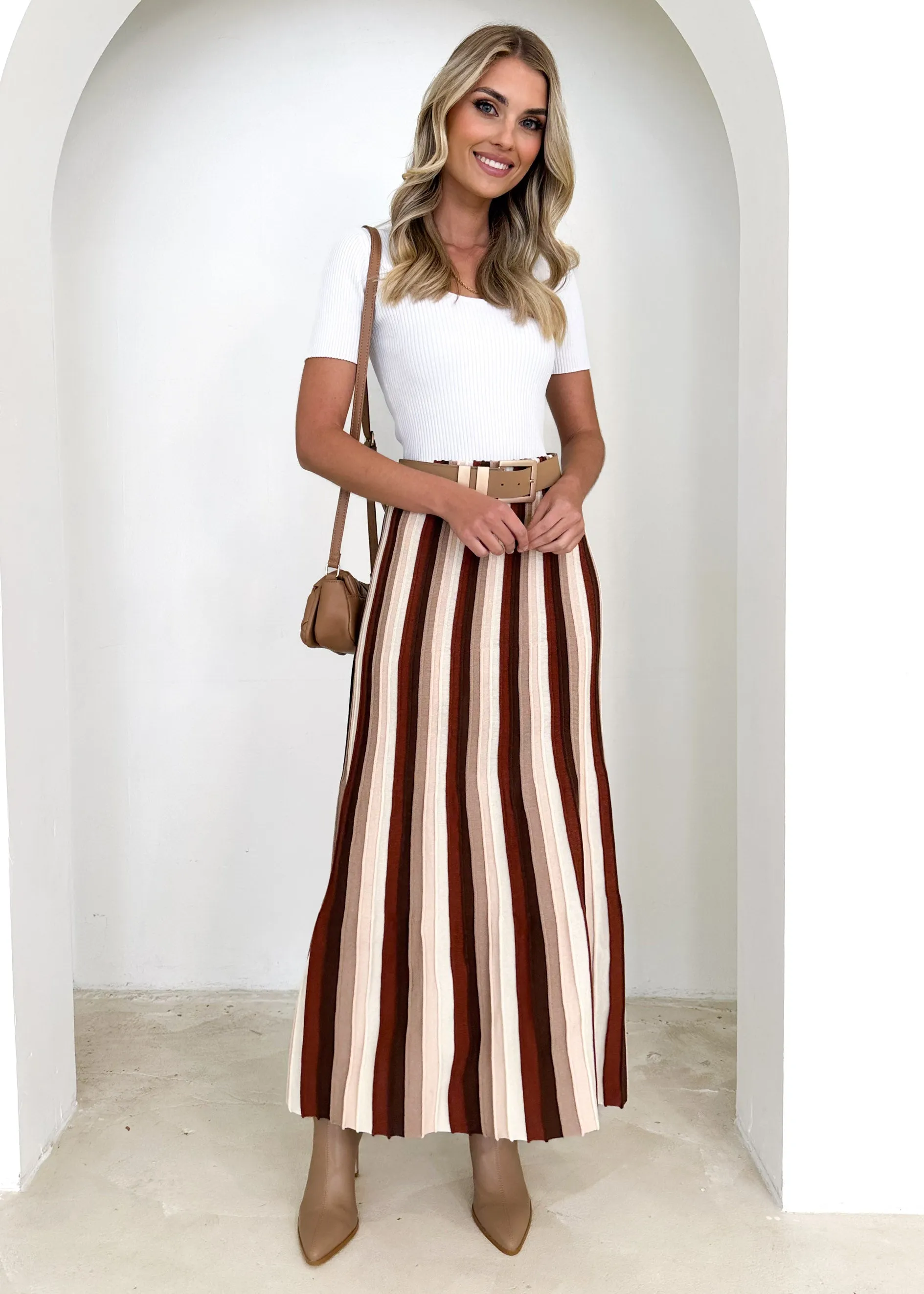 Kylee Knit Midi Skirt - Chocolate Stripe sold by Gingham & Heels product image thumbnail 5