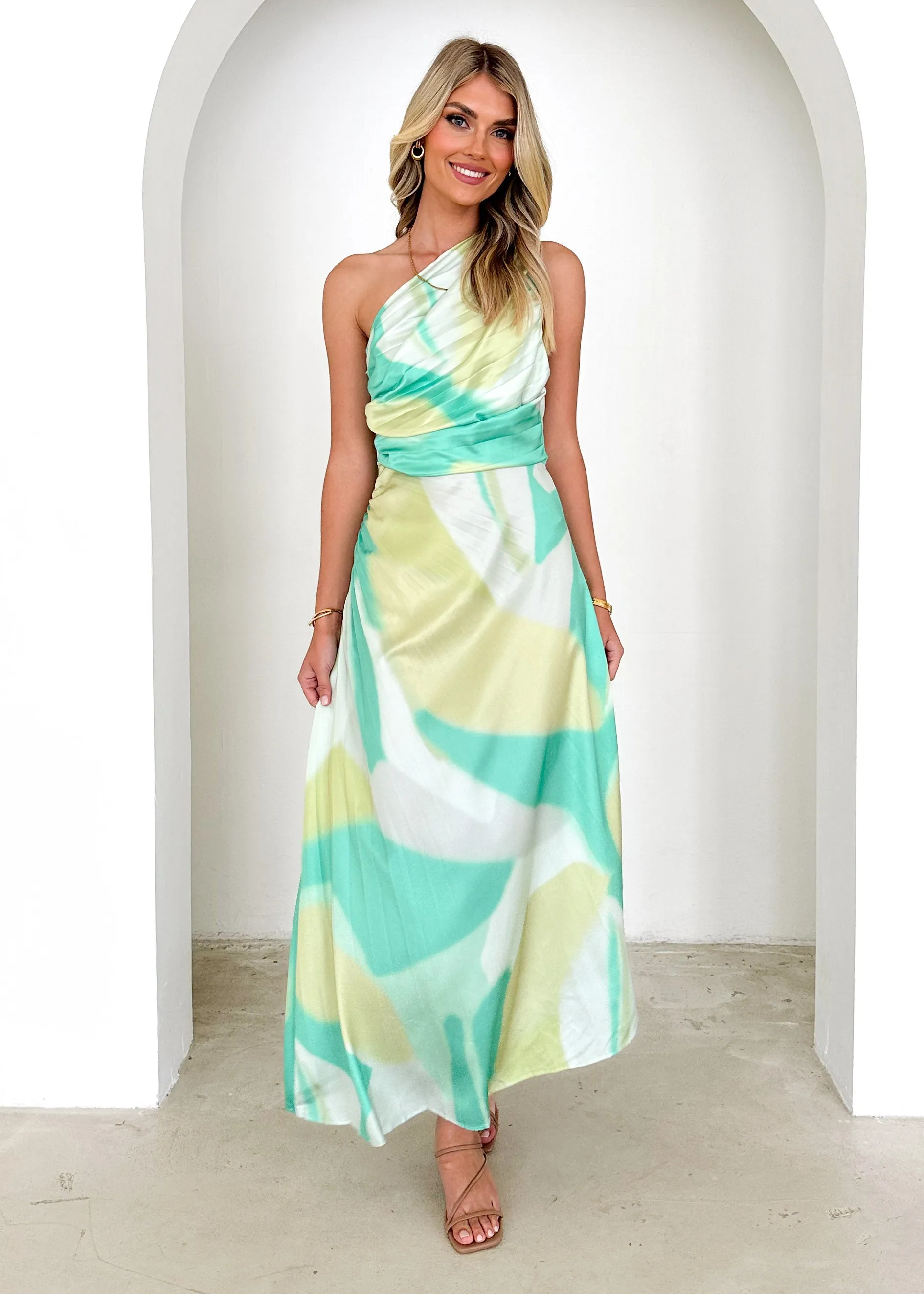 Telle One Shoulder Midi Dress - Lime Splash sold by Gingham & Heels