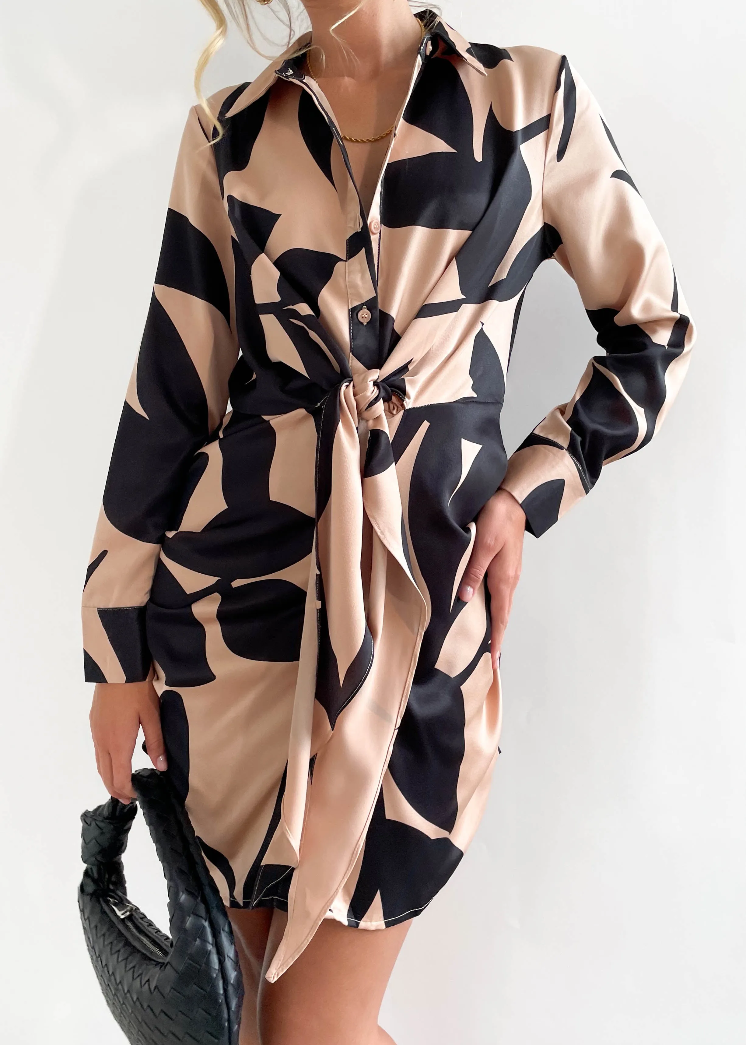 Althea Tie Shirt Dress - Mocha Leaf sold by Gingham & Heels product image thumbnail 2