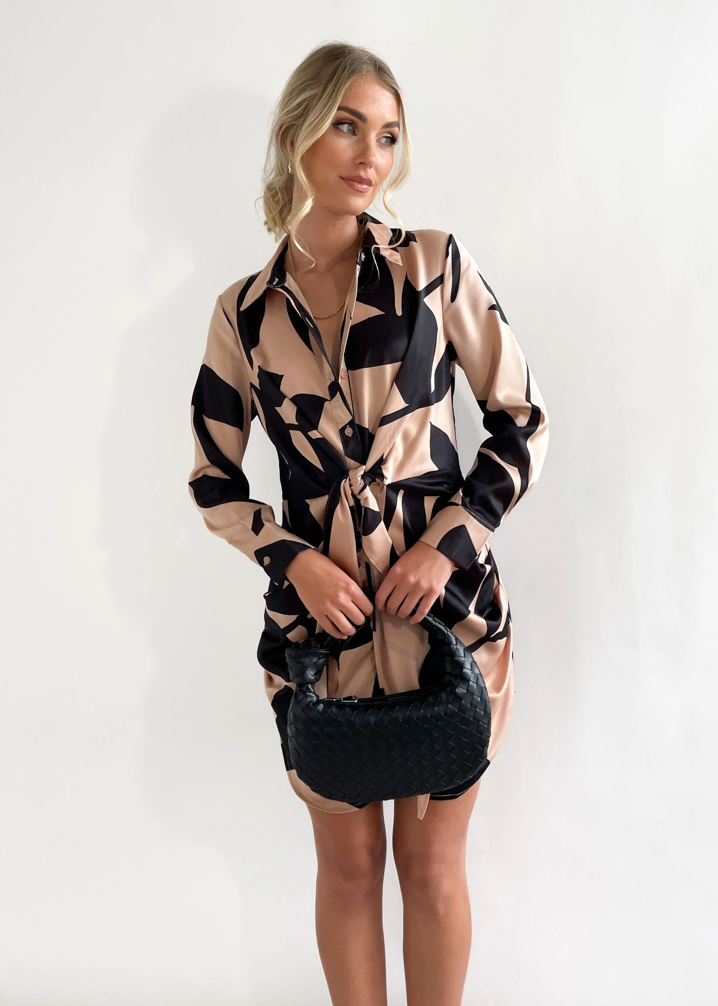 Althea Tie Shirt Dress - Mocha Leaf sold by Gingham & Heels