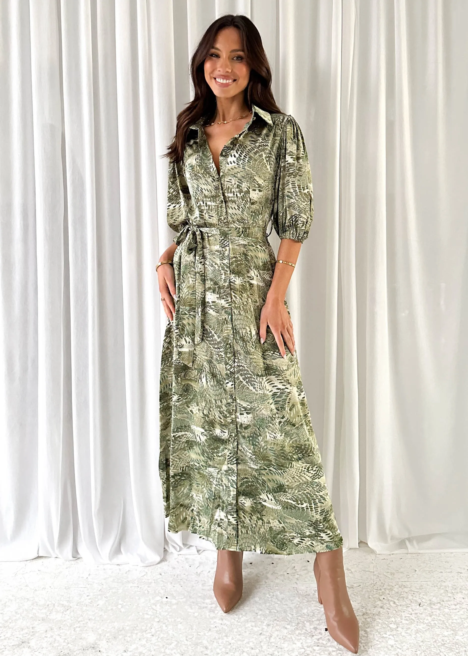 Angelie Midi Dress - Green Leaf sold by Gingham & Heels