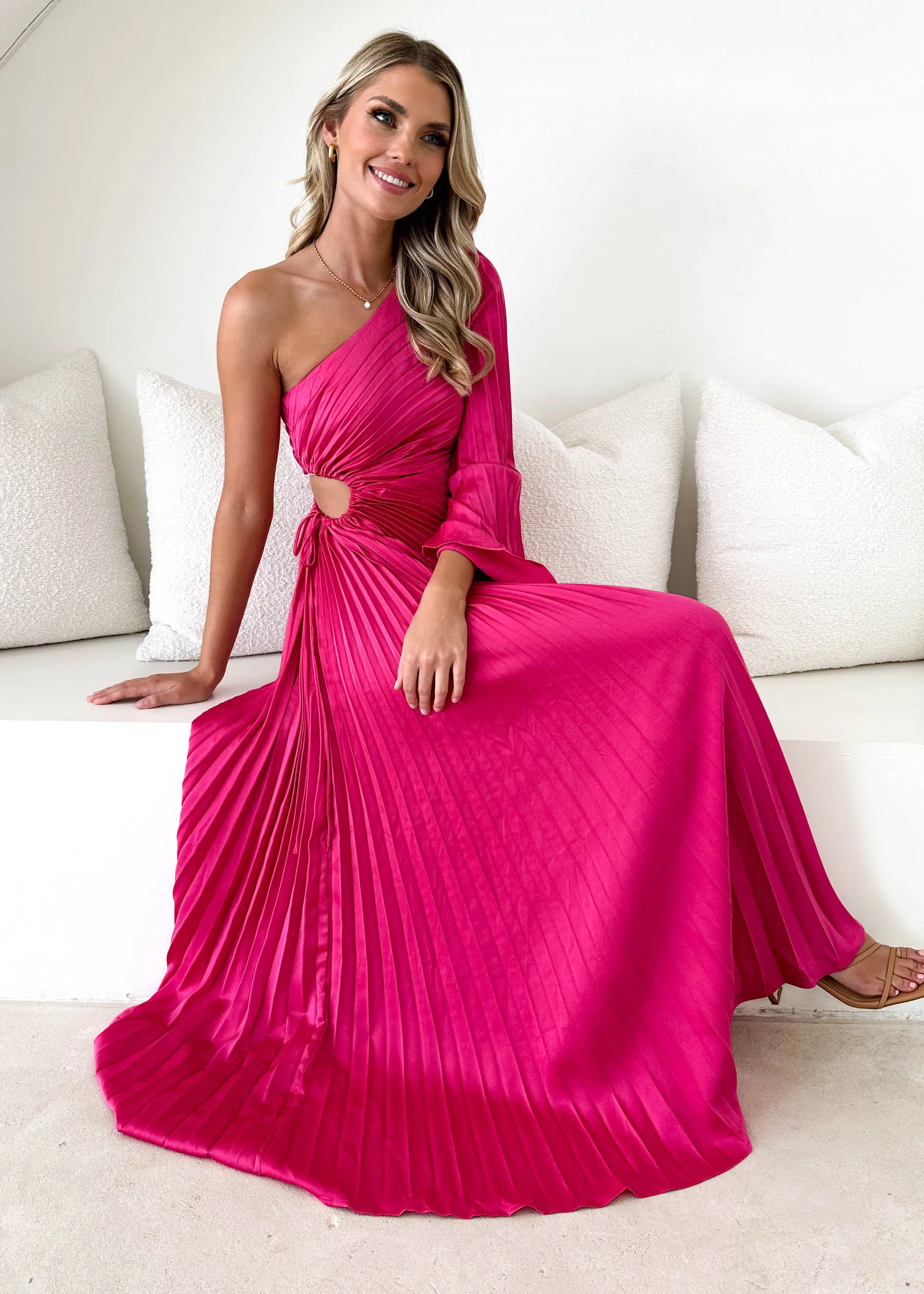 Amore One Shoulder Midi Dress - Hot Pink sold by Gingham & Heels